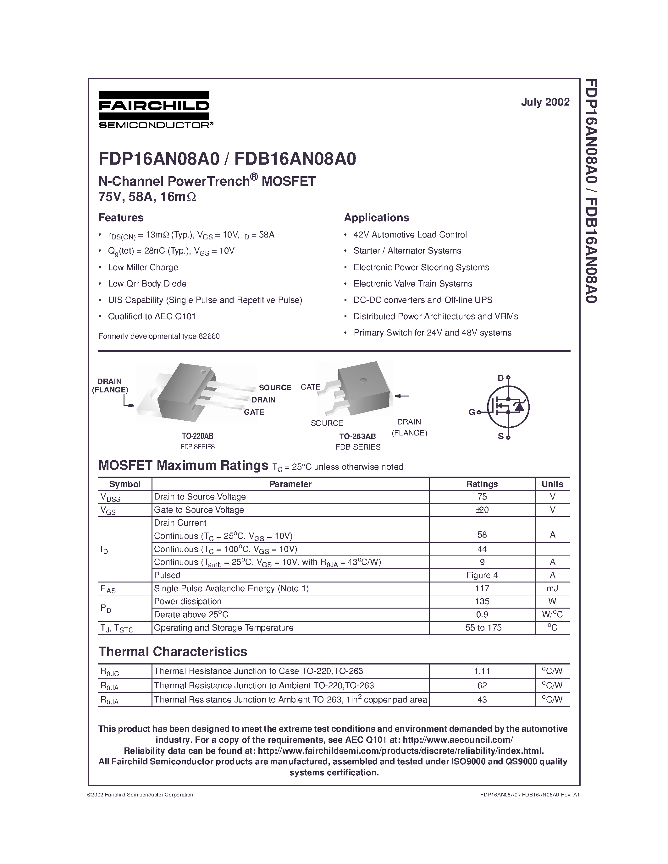 Datasheet FDB16AN08A0 - N-Channel PowerTrench MOSFET 75V/ 58A/ 16m page 1