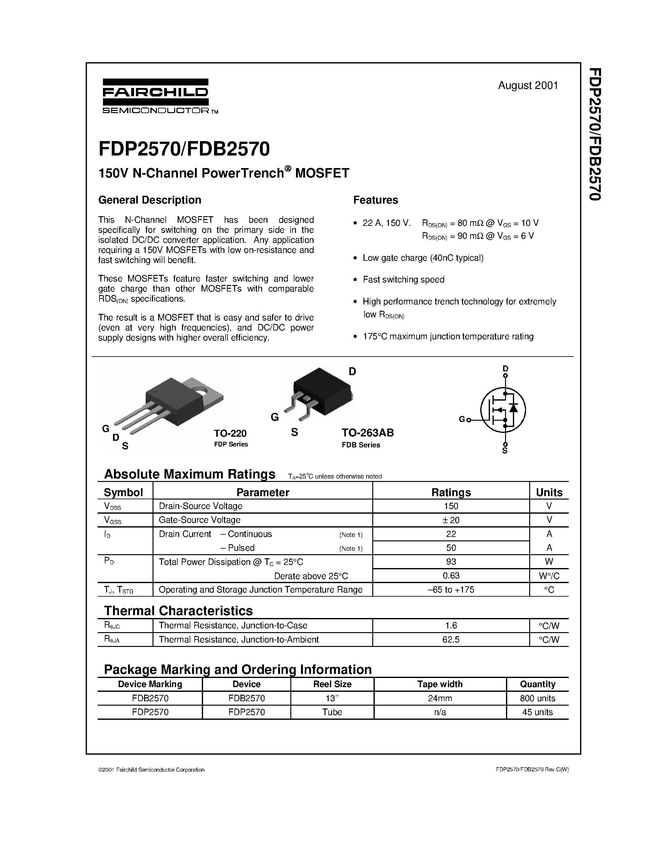 Datasheet FDB2570 - 150V N-Channel PowerTrench MOSFET page 1
