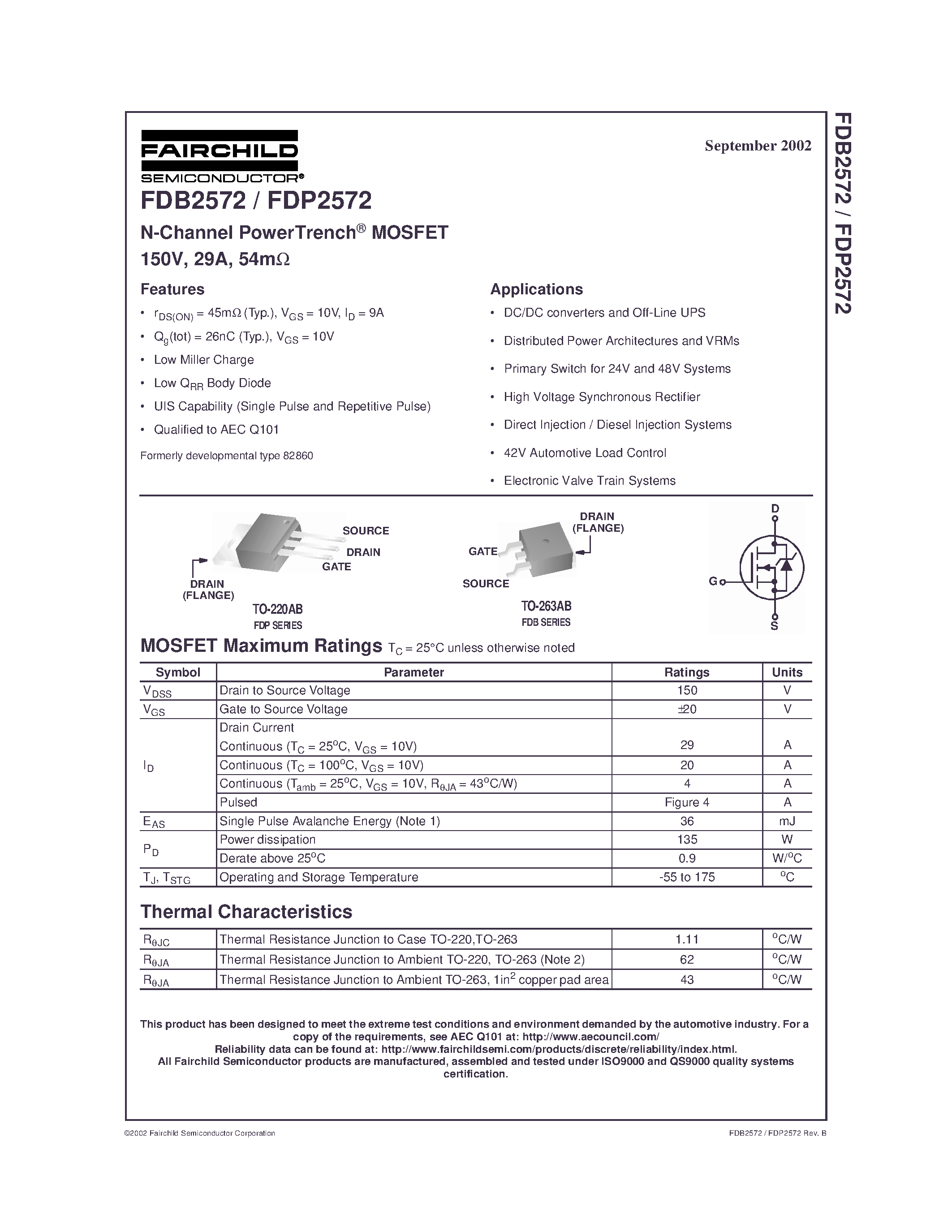 Datasheet FDB2572 - N-Channel PowerTrench MOSFET 150V/ 29A/ 54m page 1
