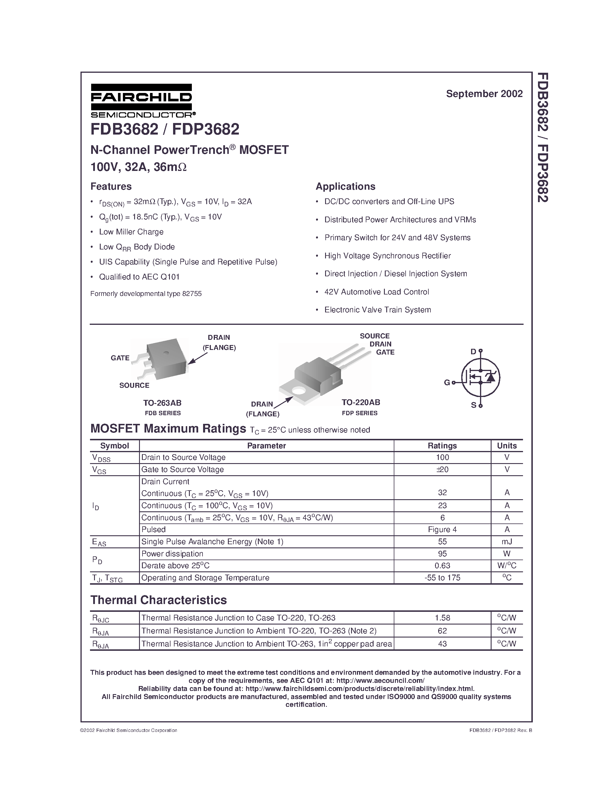 Datasheet FDB3682 - N-Channel PowerTrench MOSFET 100V/ 32A/ 36m page 1
