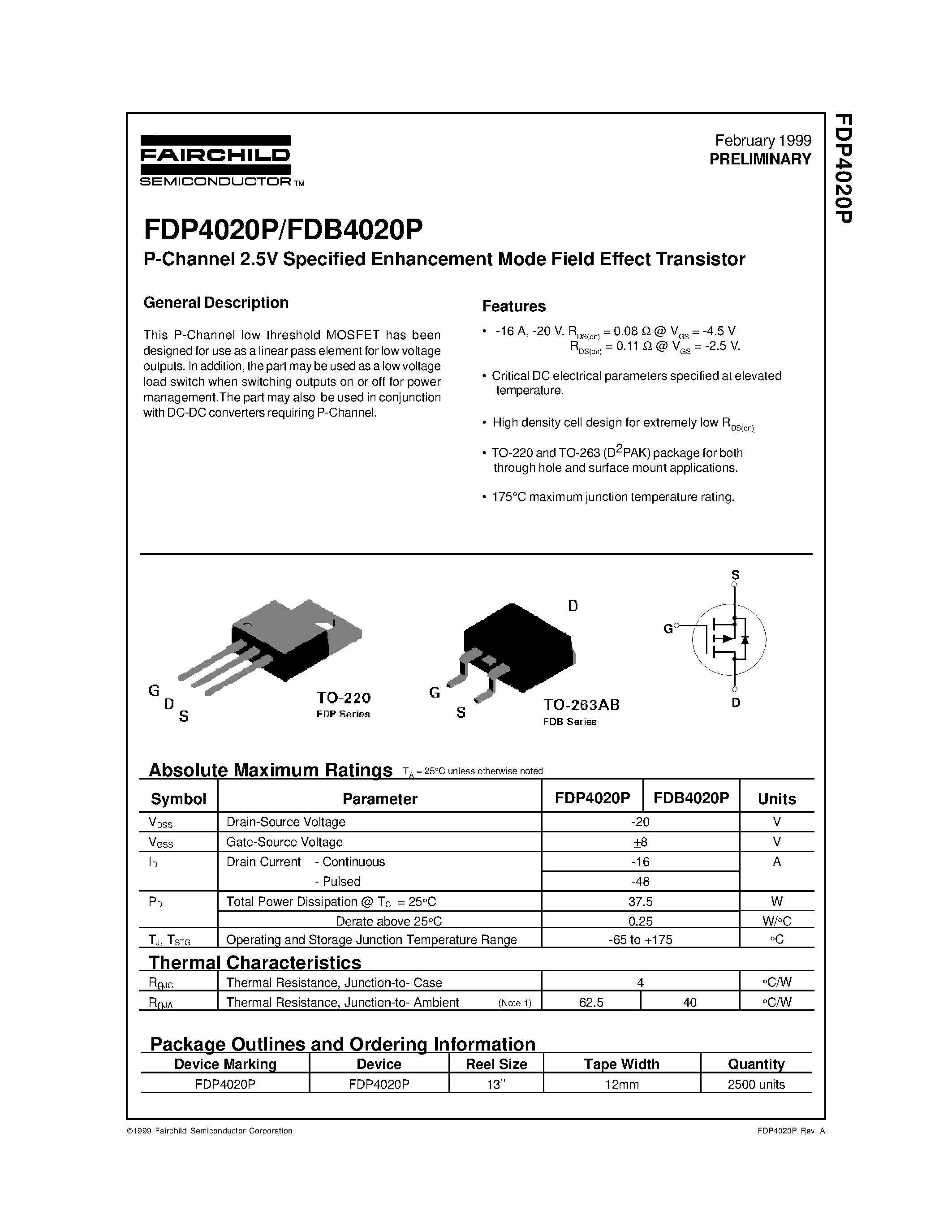 Datasheet FDB4020P - P-Channel 2.5V Specified Enhancement Mode Field Effect Transistor page 1