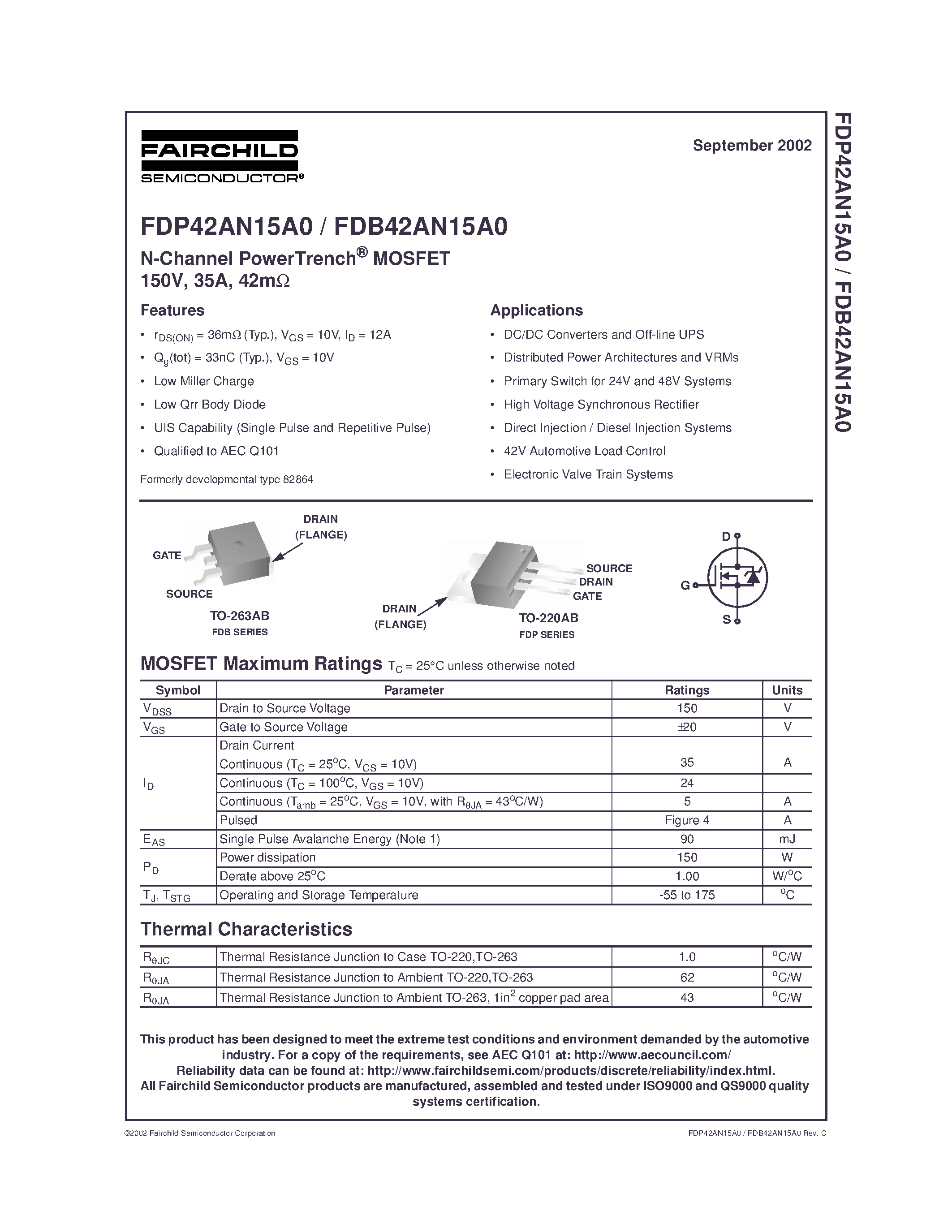 Datasheet FDB42AN15A0 - N-Channel PowerTrench MOSFET page 1