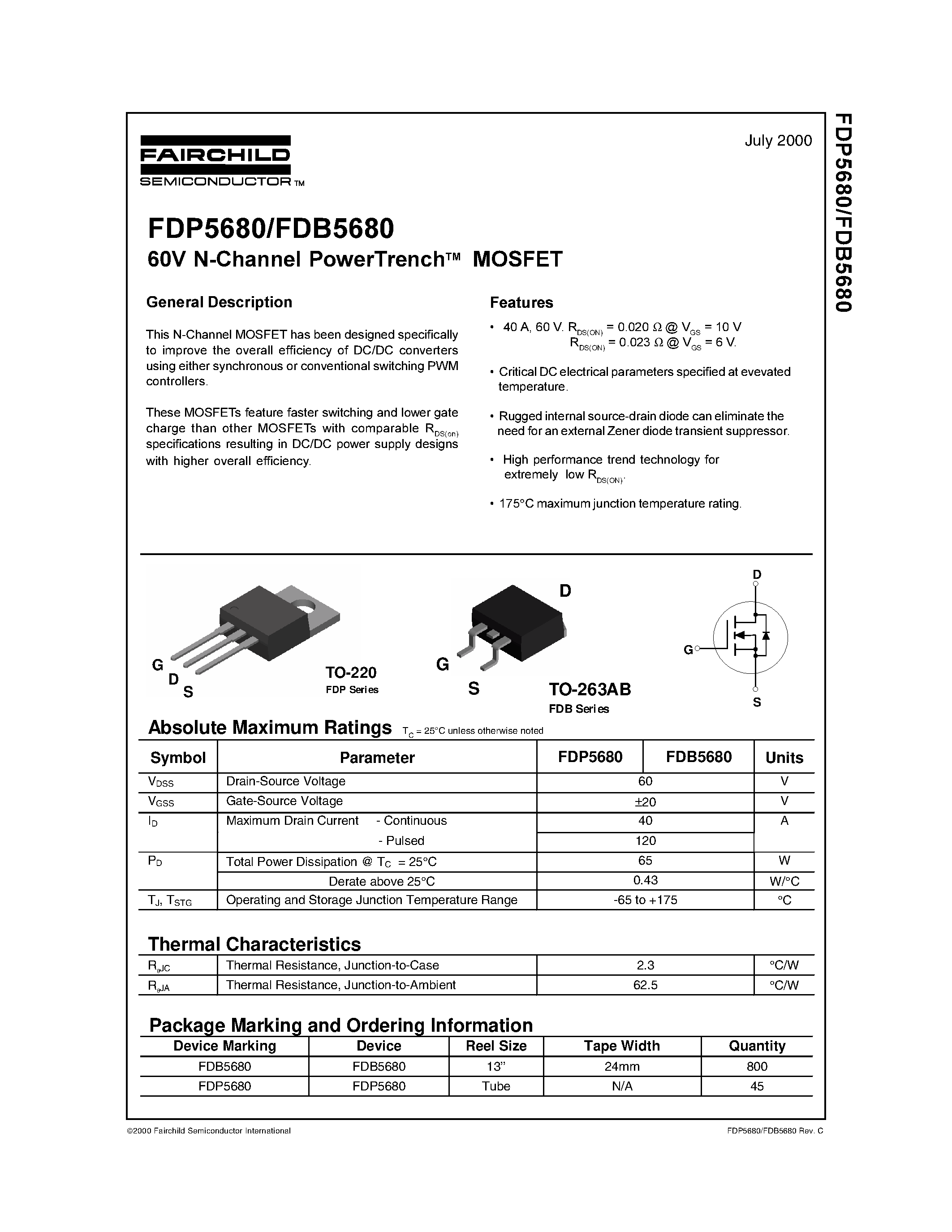 Datasheet FDB5680 - 60V N-Channel PowerTrench MOSFET page 1