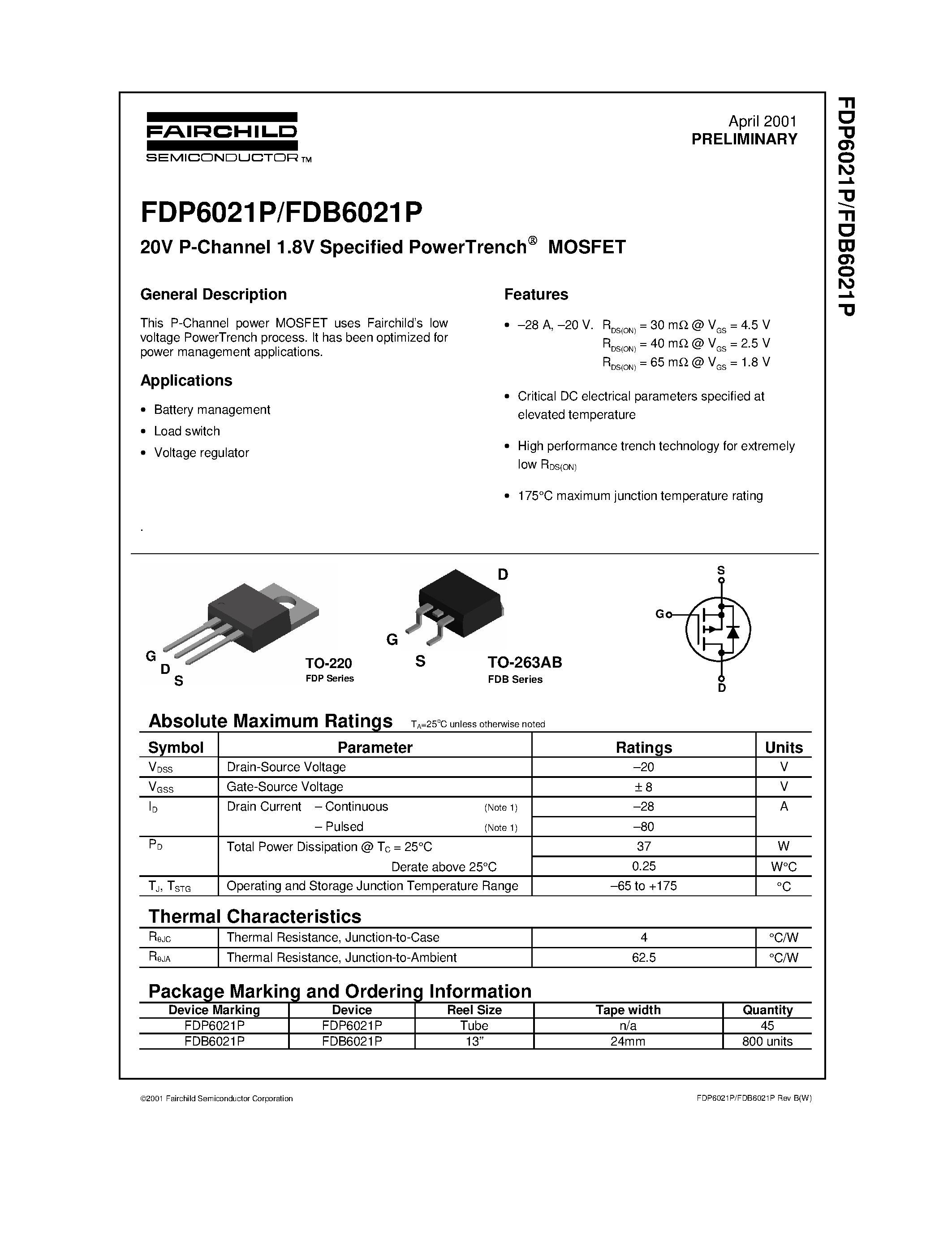 Datasheet FDB6021P - 20V P-Channel 1.8V Specified PowerTrench MOSFET page 1