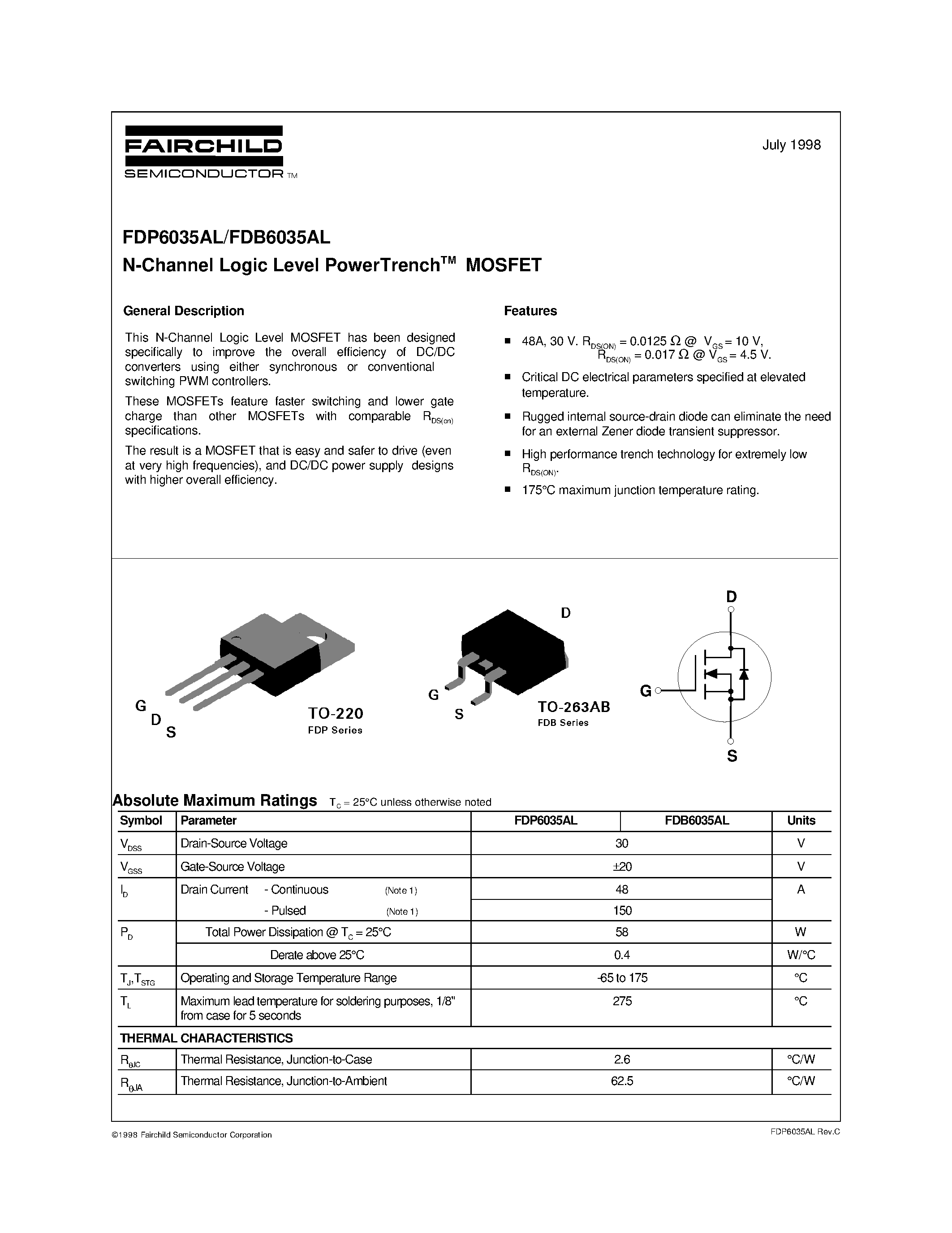Datasheet FDB6035AL - N-Channel Logic Level PowerTrenchTM MOSFET page 1