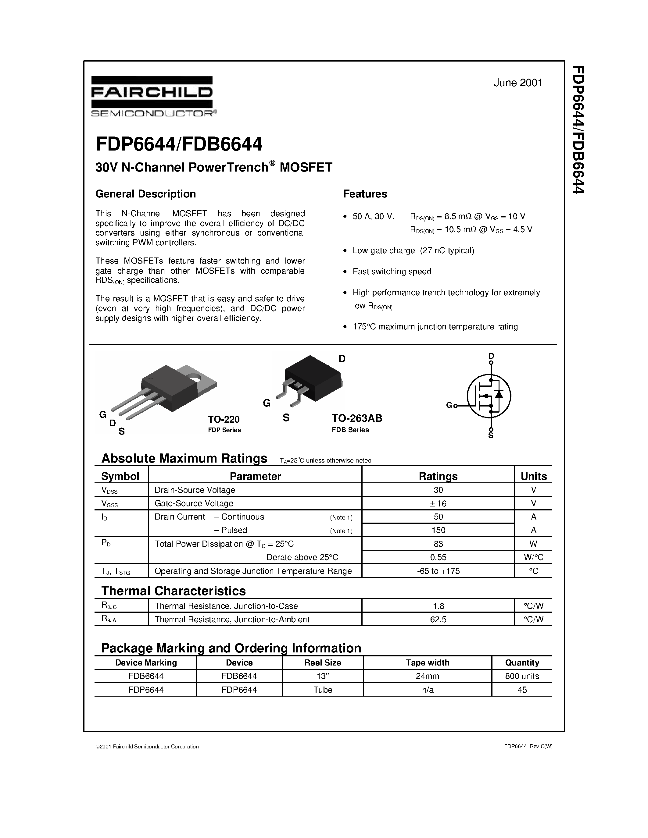 Datasheet FDB6644 - 30V N-Channel PowerTrench MOSFET page 1