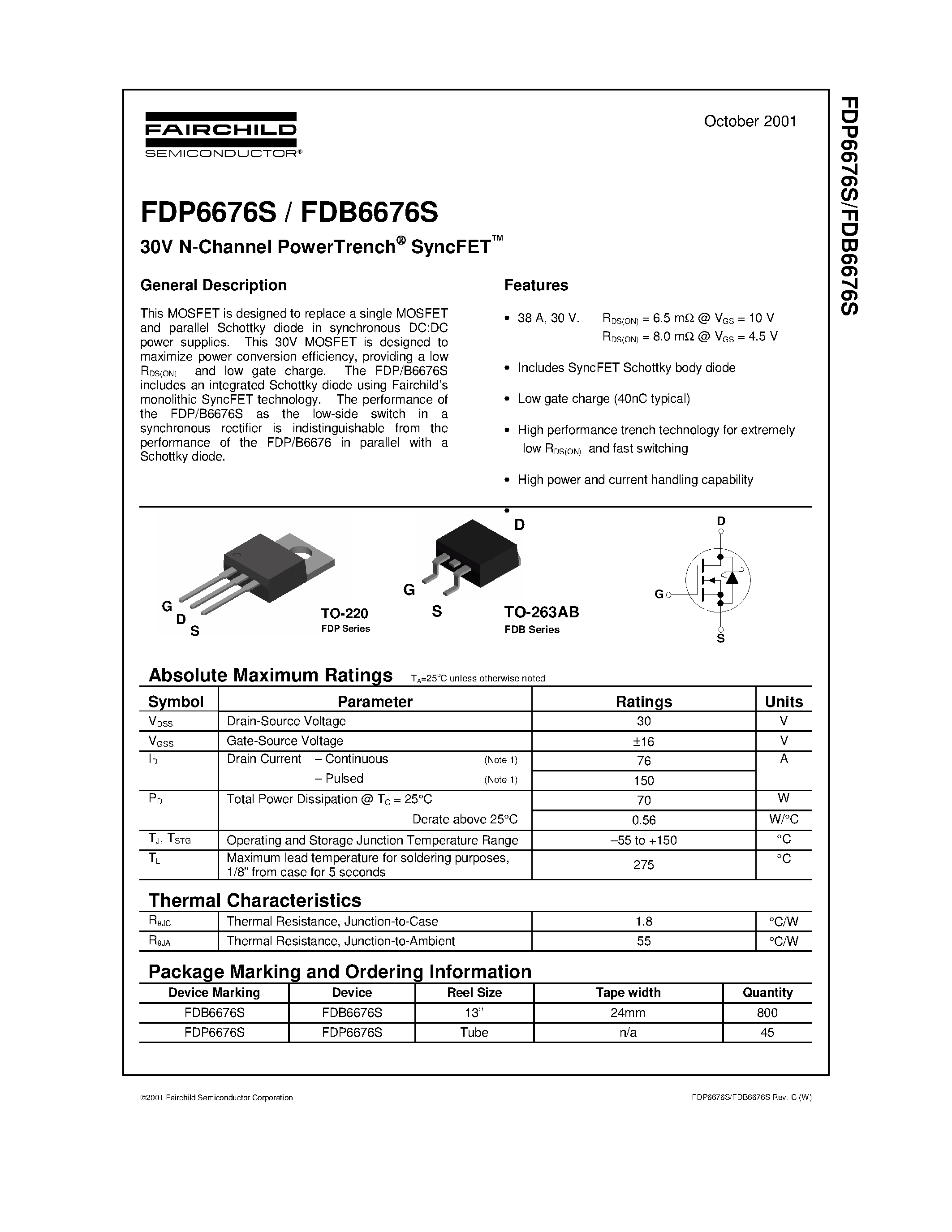 Datasheet FDB6676S - 30V N-Channel PowerTrench SyncFET page 1