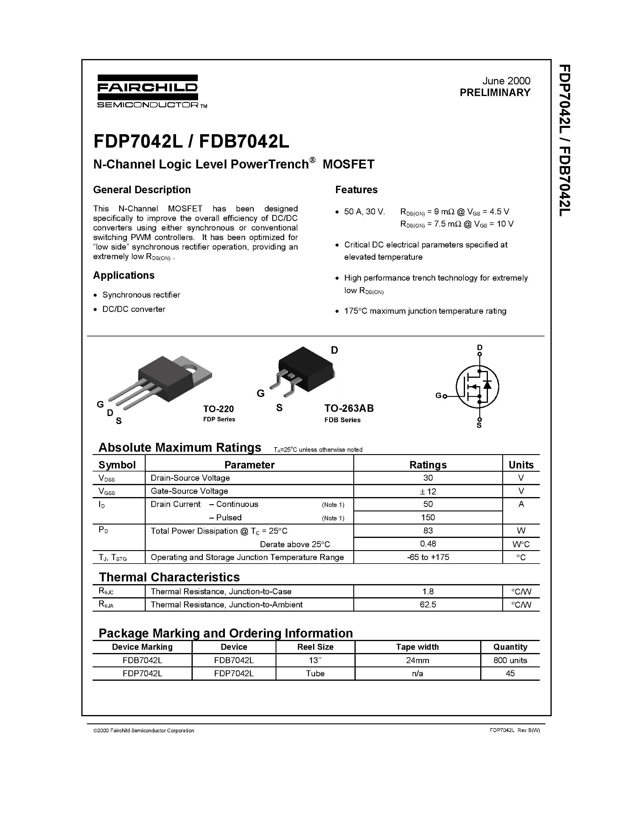 Datasheet FDB7042L - N-Channel Logic Level PowerTrench MOSFET page 1