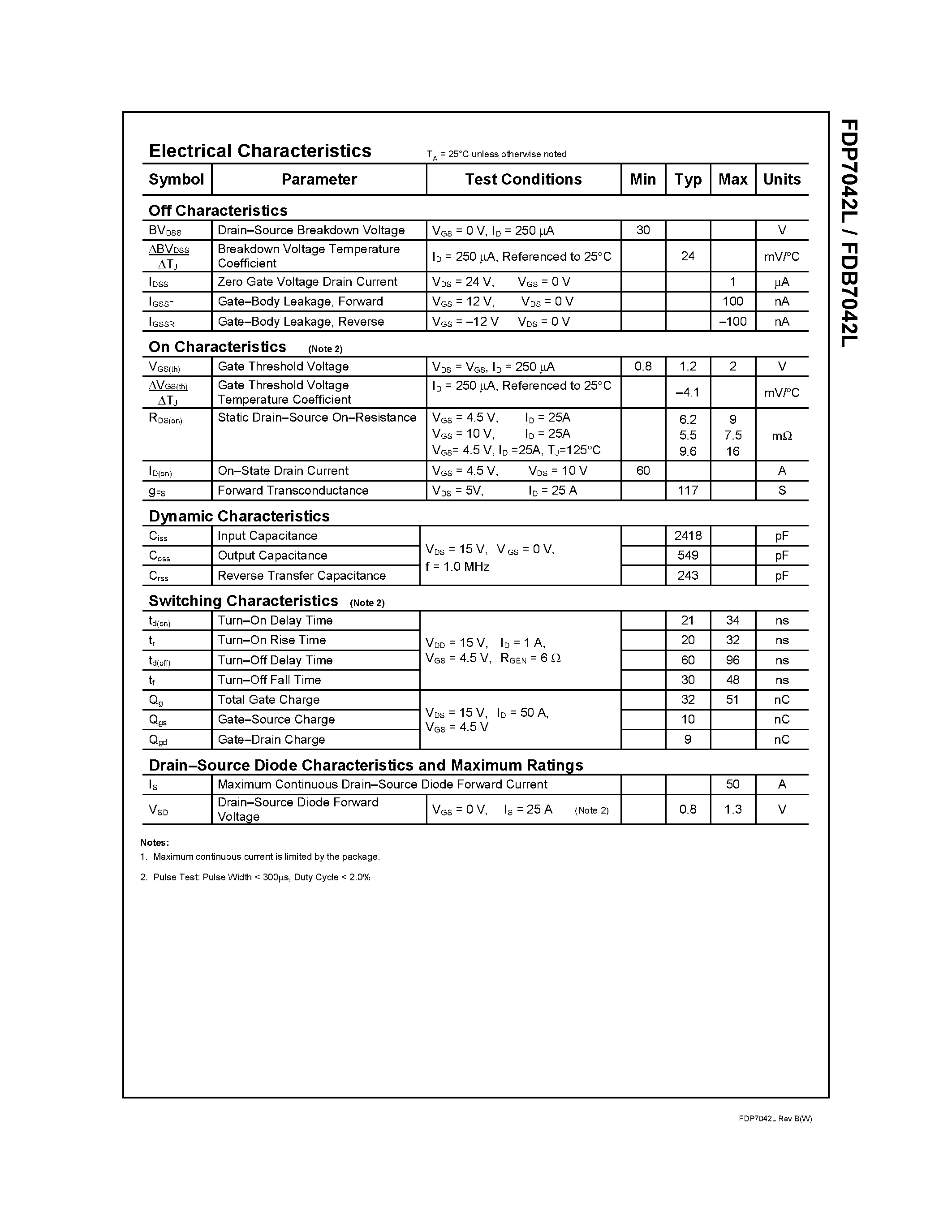 Datasheet FDB7042L - N-Channel Logic Level PowerTrench MOSFET page 2