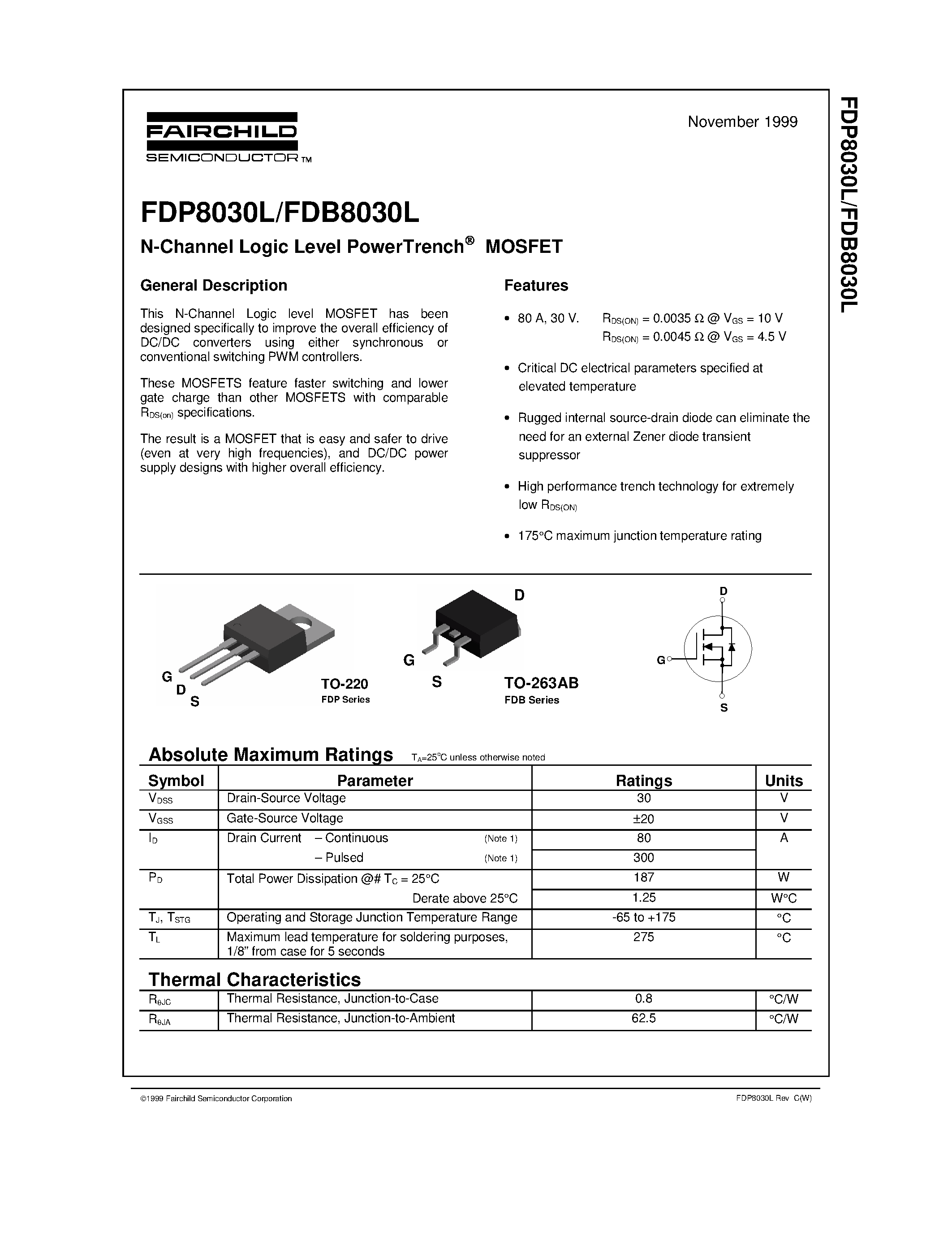 Datasheet FDB8030L - N-Channel Logic Level PowerTrench MOSFET page 1