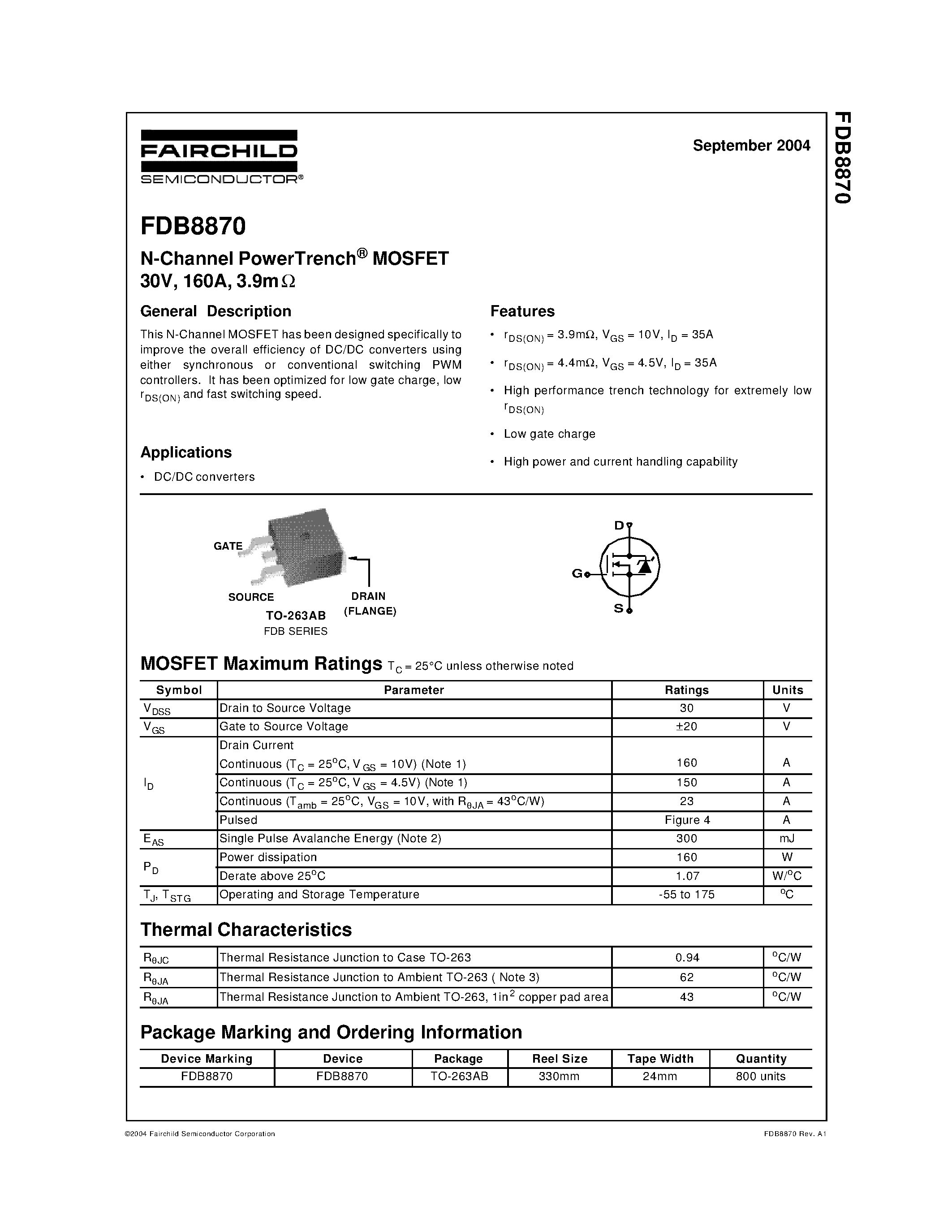 Datasheet FDB8870 - N-Channel PowerTrench MOSFET 30V/ 160A/ 3.9mW page 1