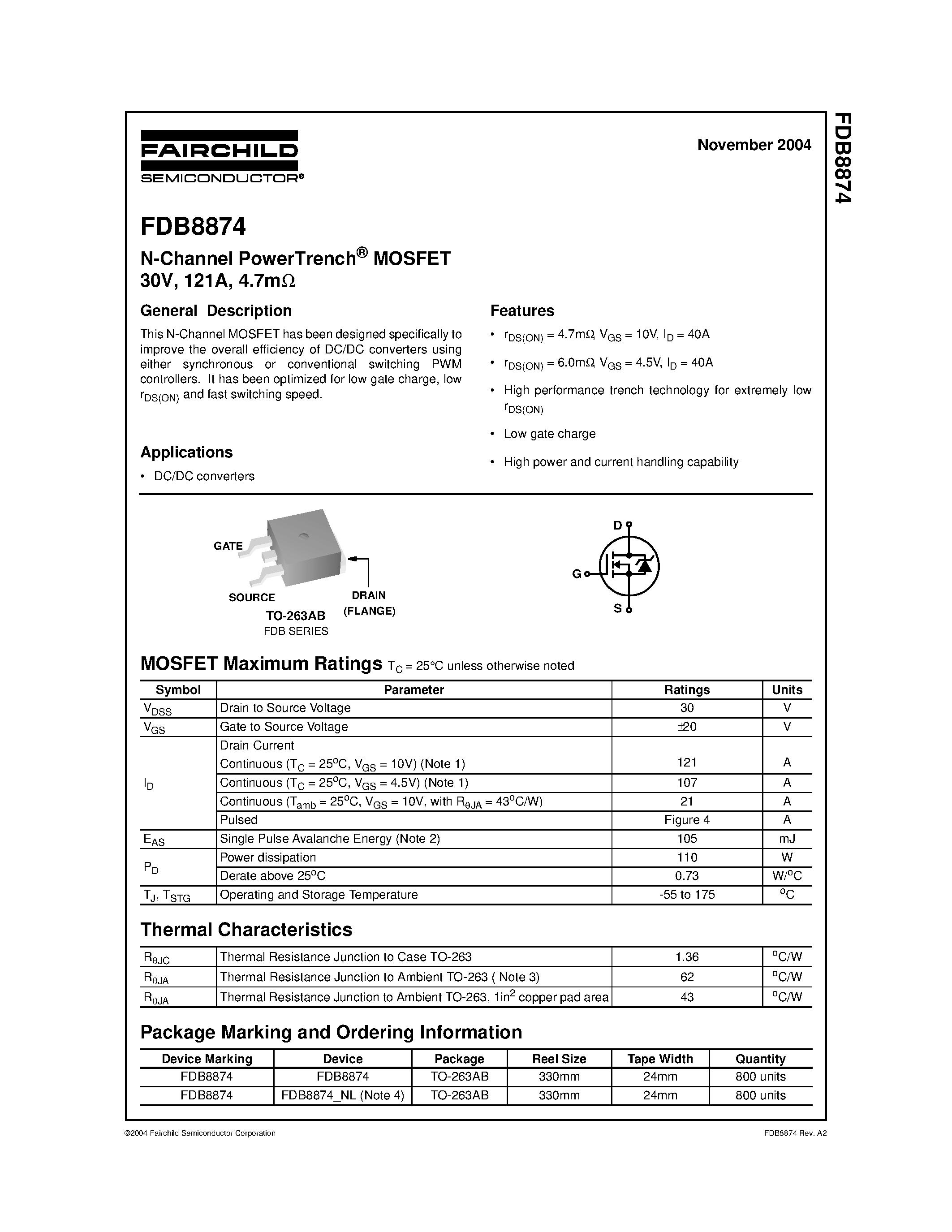 Datasheet FDB8874 - N-Channel PowerTrench MOSFET page 1