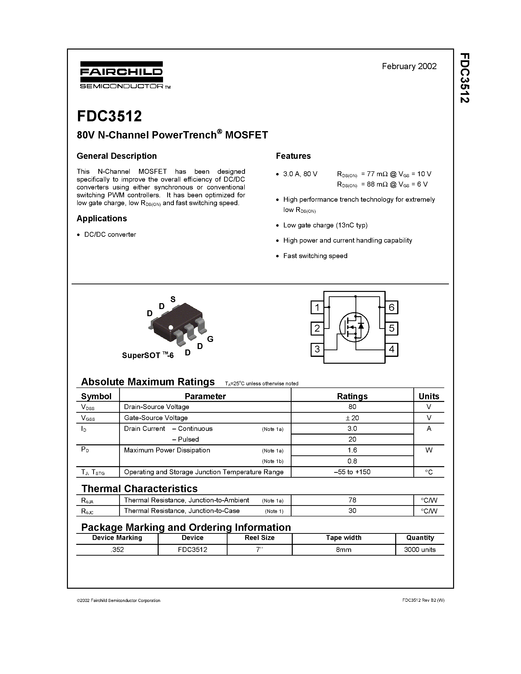 Datasheet FDC3512 page 1 Datasheet FDC3512 - 80V N-Channel PowerTrench MOSFET page 1