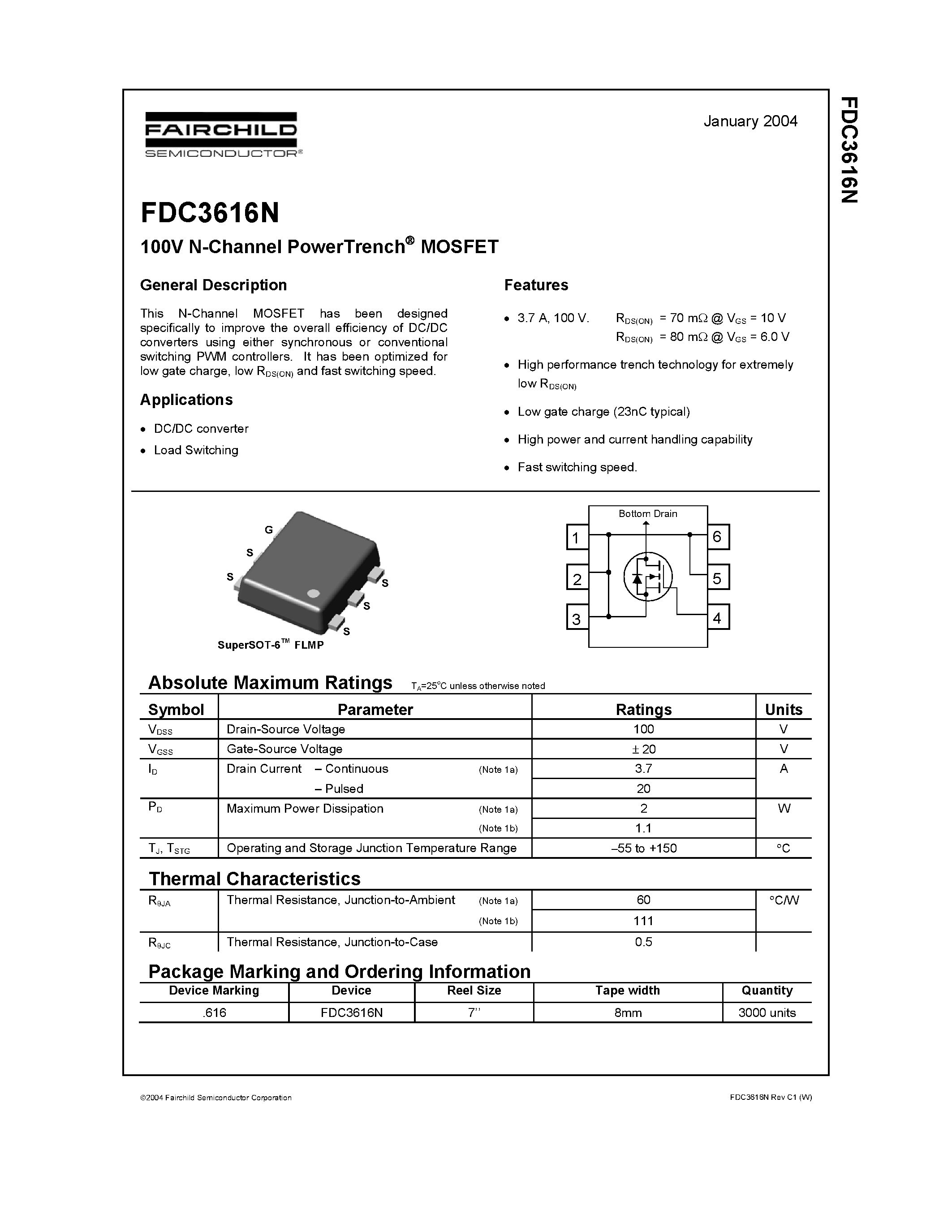 Datasheet FDC3616N page 1 Datasheet FDC3616N - 100V N-Channel PowerTrench MOSFET page 1