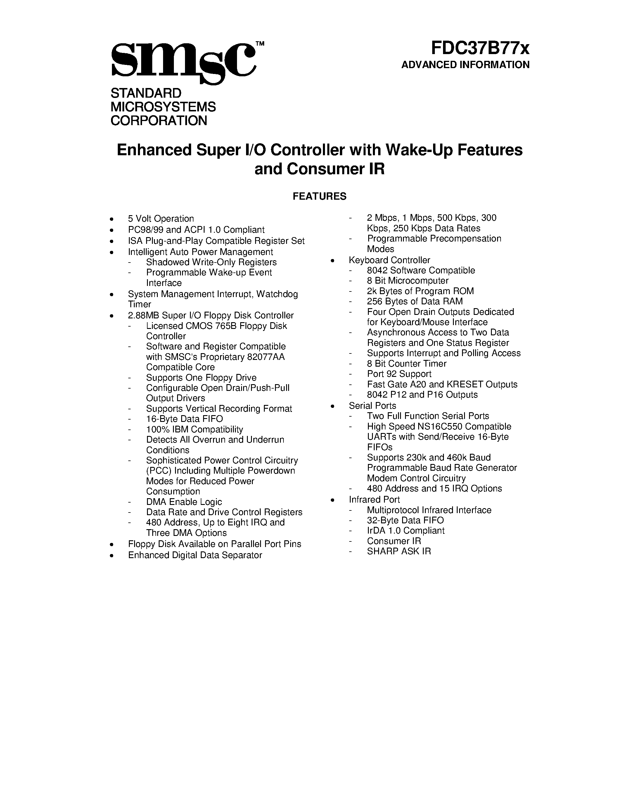 Datasheet FDC37B77X page 1 Datasheet FDC37B77X - ENHANCED SUPER I/O CONTROLLER WITH WAKE UP FEATURES page 1