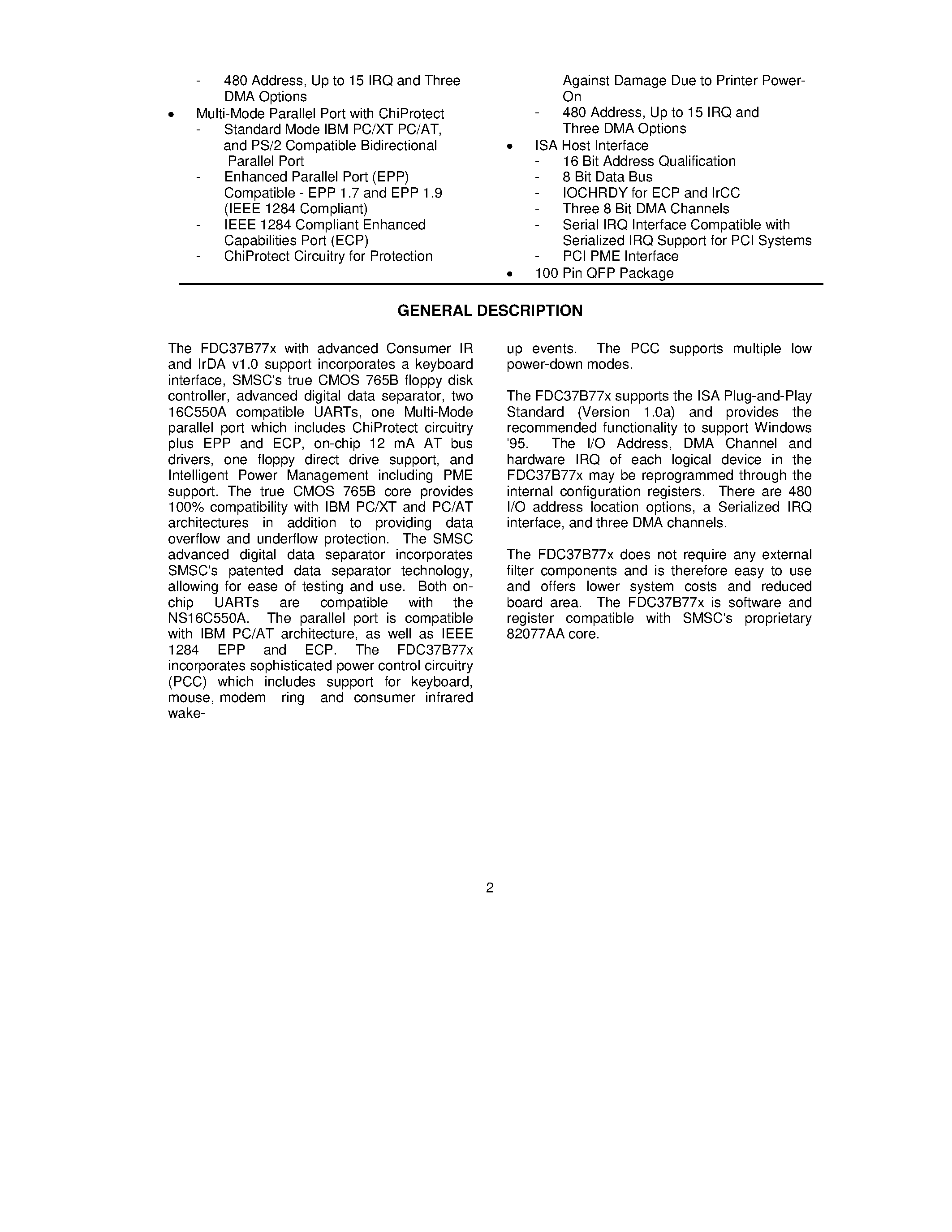 Datasheet FDC37B77X page 2 Datasheet FDC37B77X - ENHANCED SUPER I/O CONTROLLER WITH WAKE UP FEATURES page 2