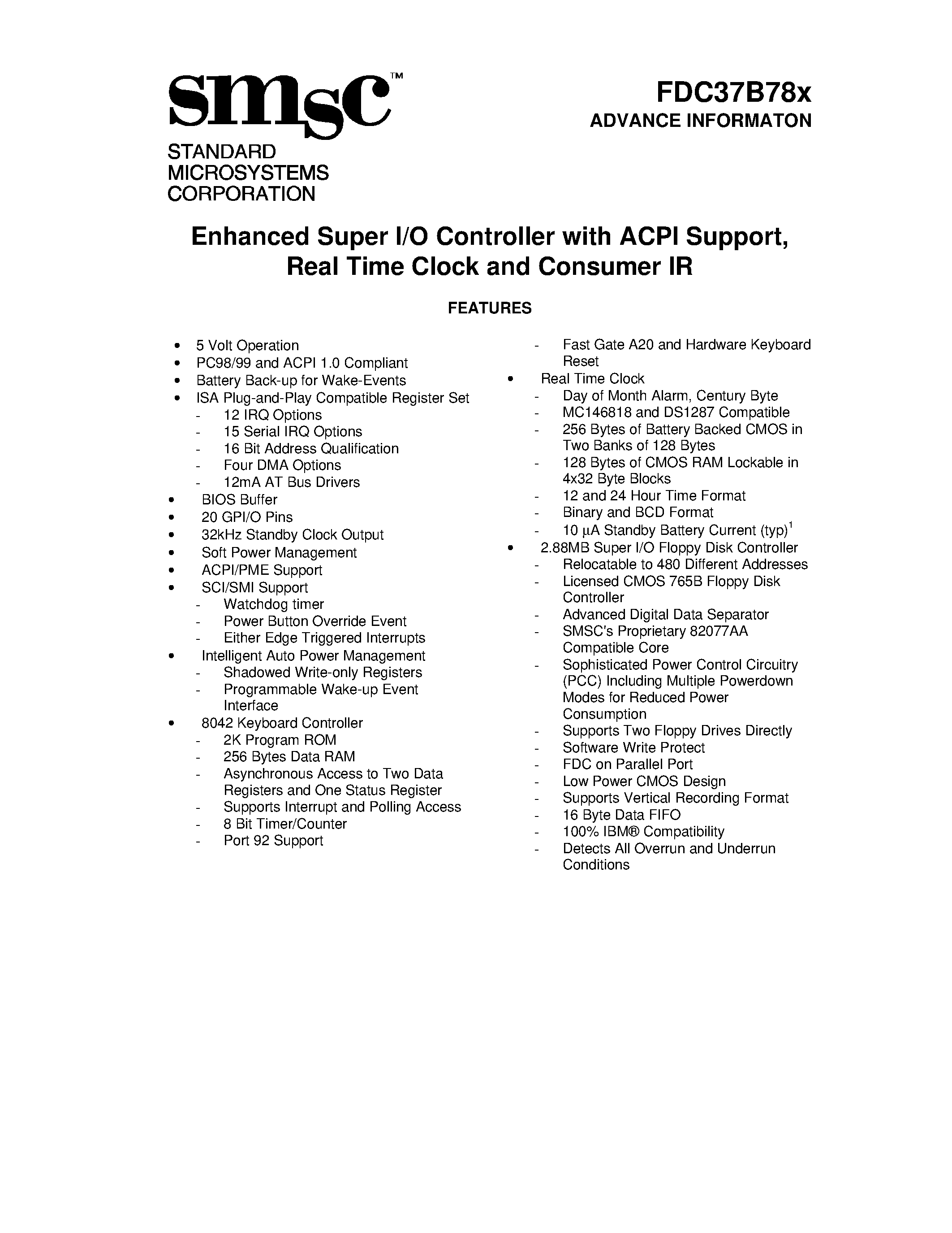 Datasheet FDC37B78X page 1 Datasheet FDC37B78X - Enhanced Super I/O Controller with ACPI Support/ Real Time Clock and Consumer IR page 1