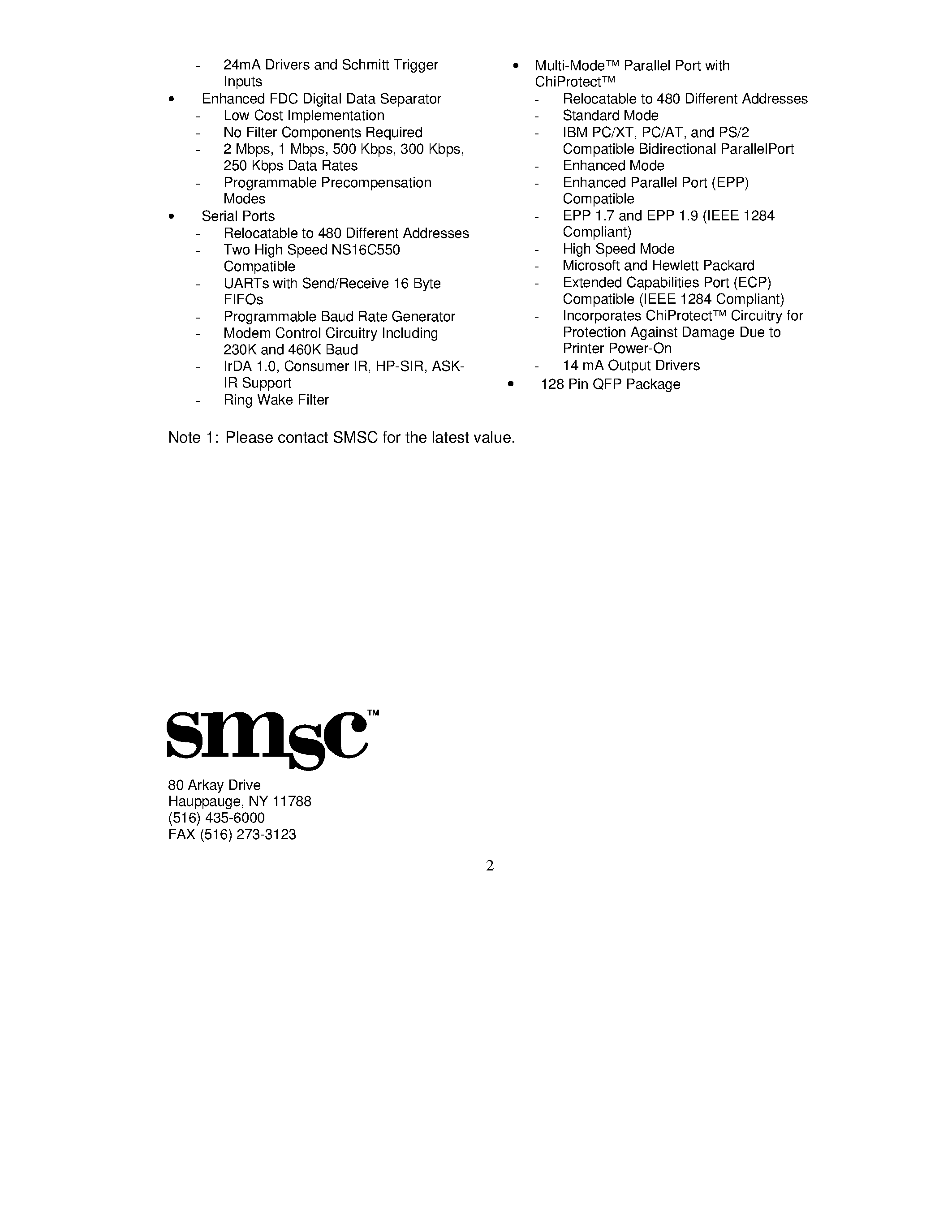 Datasheet FDC37B78X page 2 Datasheet FDC37B78X - Enhanced Super I/O Controller with ACPI Support/ Real Time Clock and Consumer IR page 2