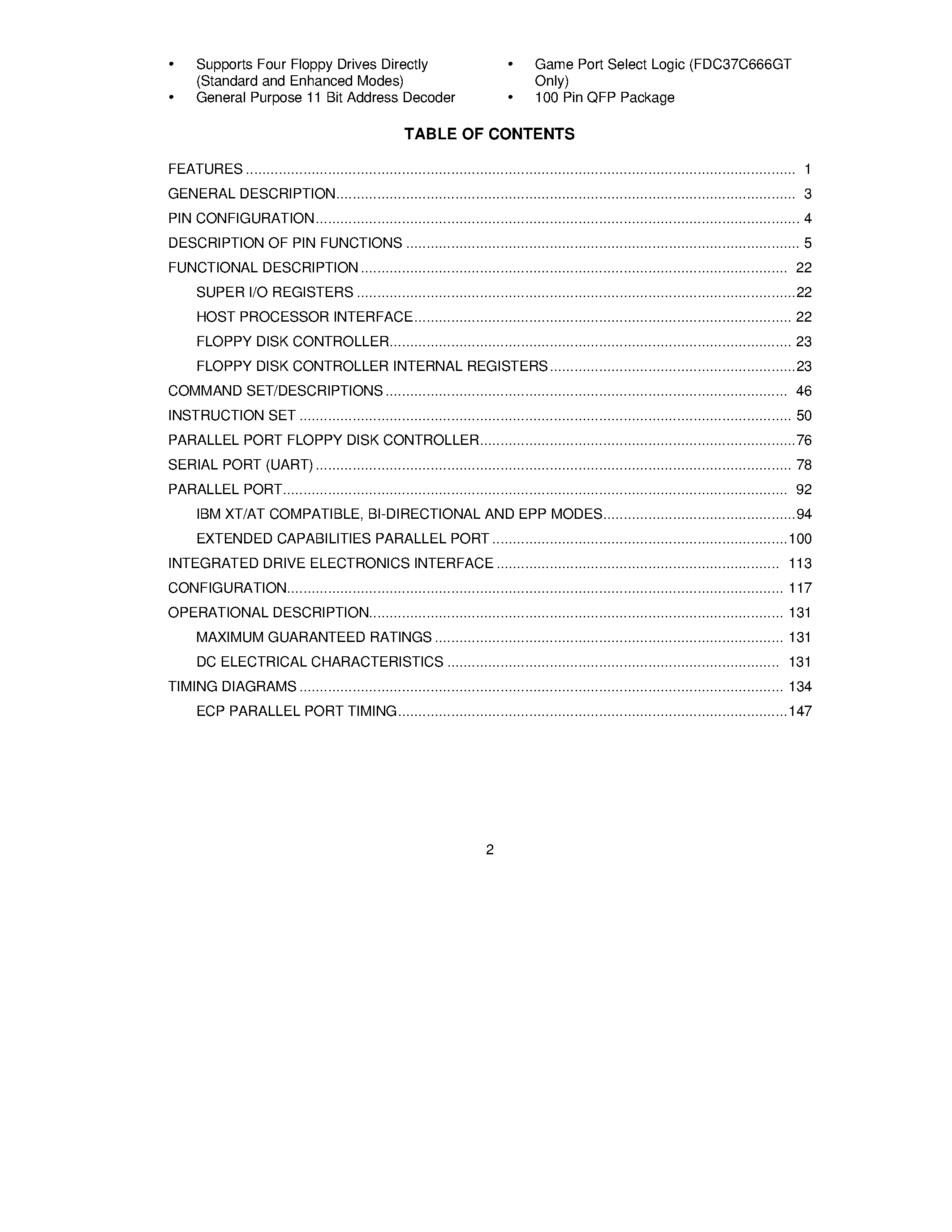 Datasheet FDC37C665GT page 2 Datasheet FDC37C665GT - High-Performance Multi-Mode Parallel Port Super I/O Floppy Disk Controllers page 2
