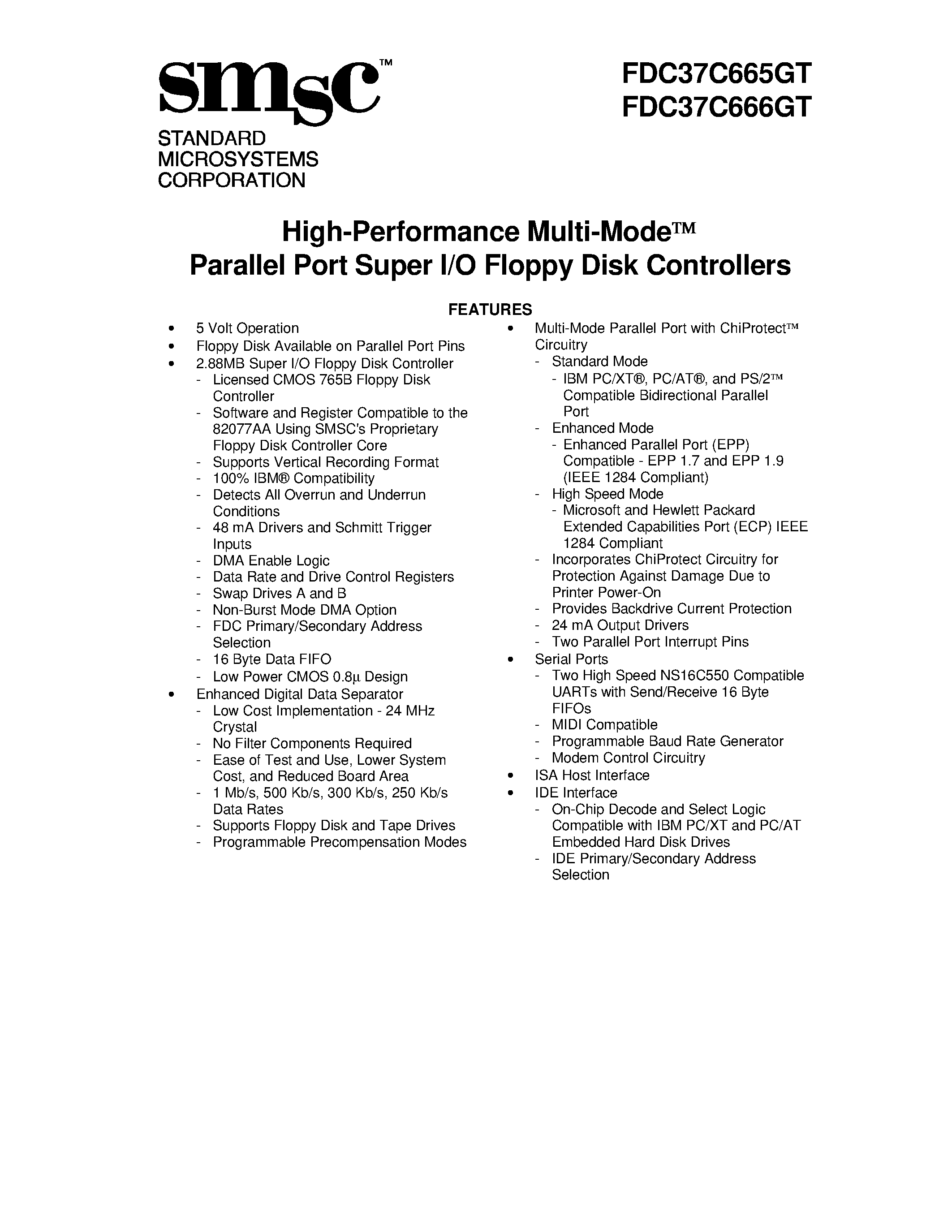 Datasheet FDC37C666GT page 1 Datasheet FDC37C666GT - High-Performance Multi-Mode Parallel Port Super I/O Floppy Disk Controllers page 1