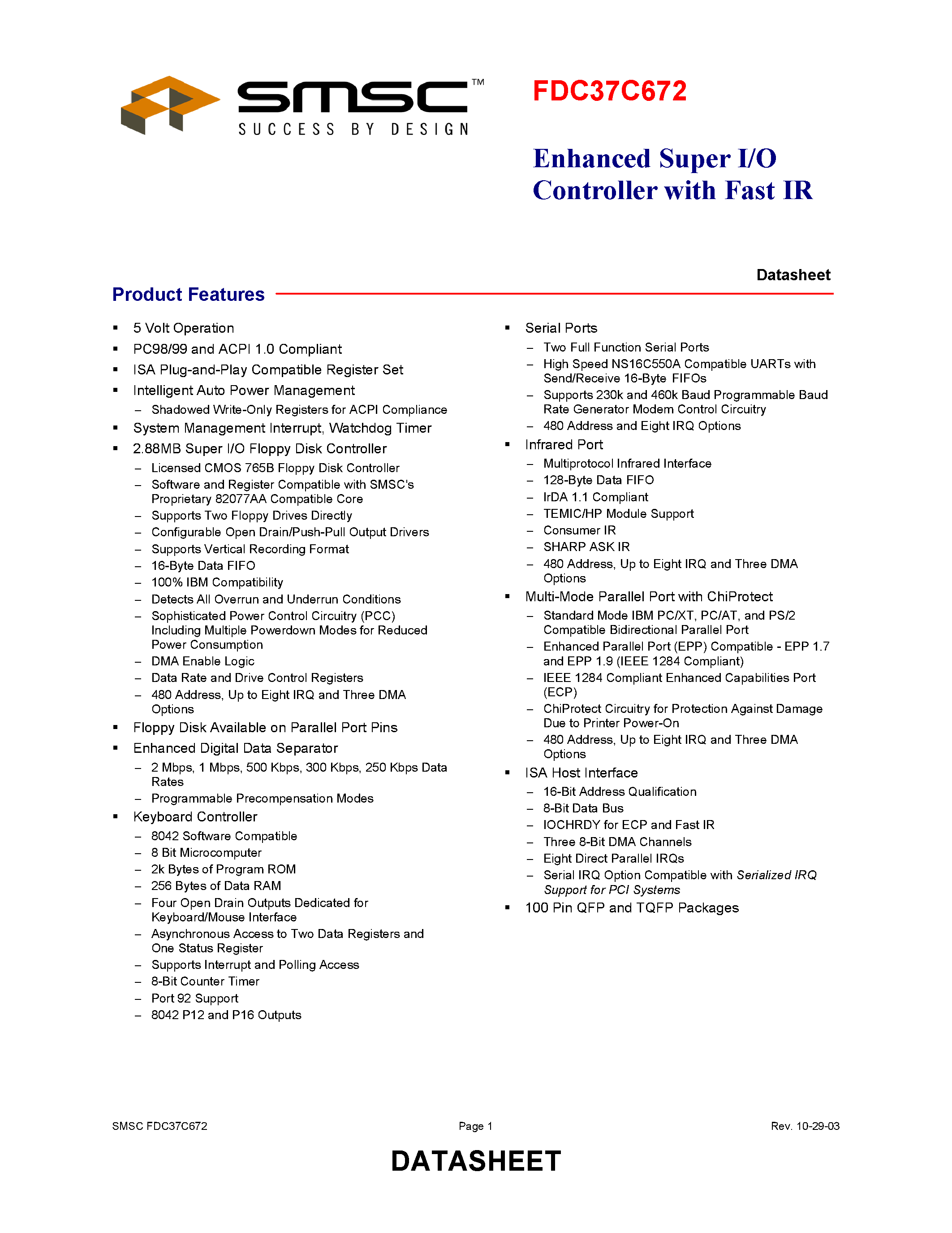 Datasheet FDC37C672 - ENHANCED SUPER I/O CONTROLLER WITH FAST IR page 1