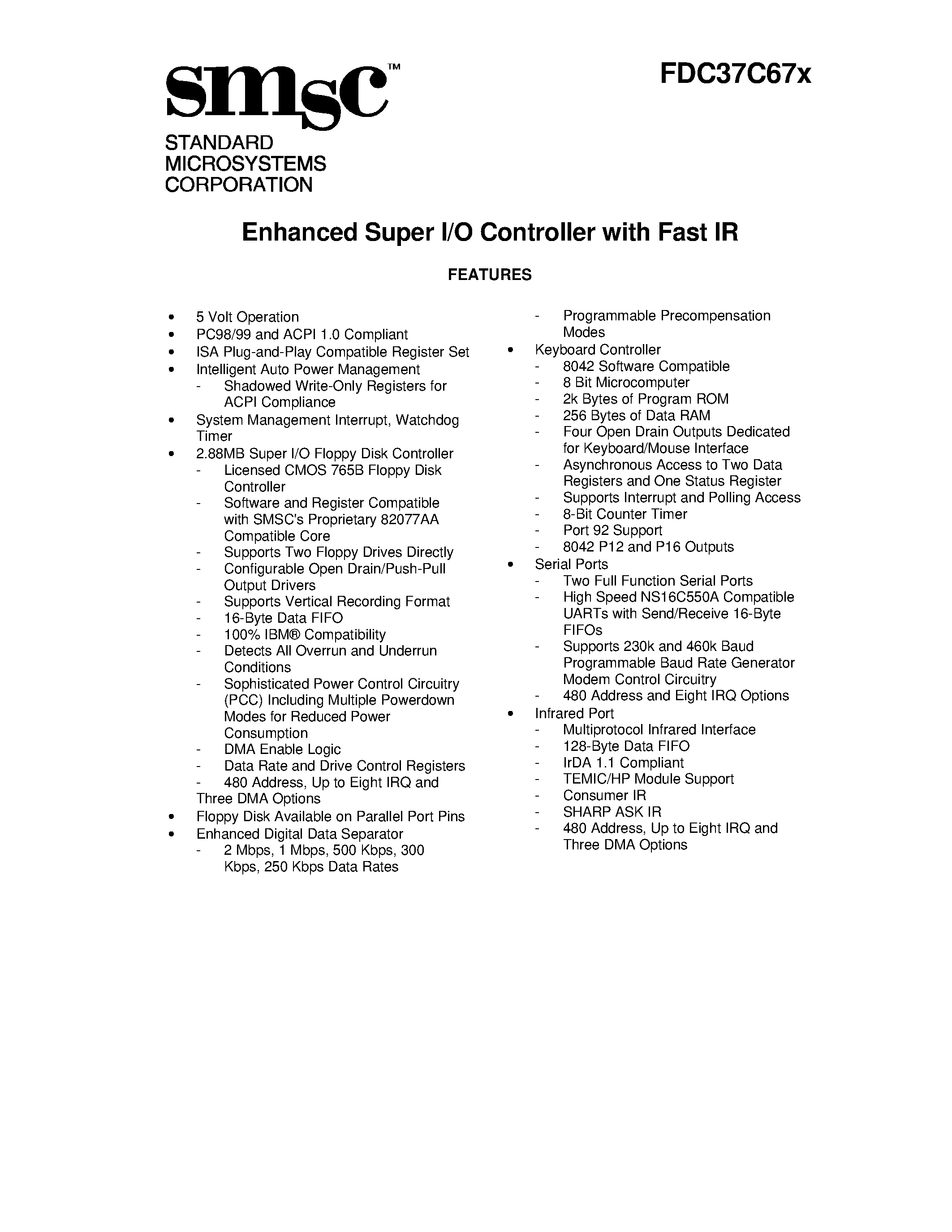 Datasheet FDC37C67X page 1 Datasheet FDC37C67X - ENHANCED SUPER I/O CONTROLLER WITH FAST IR page 1