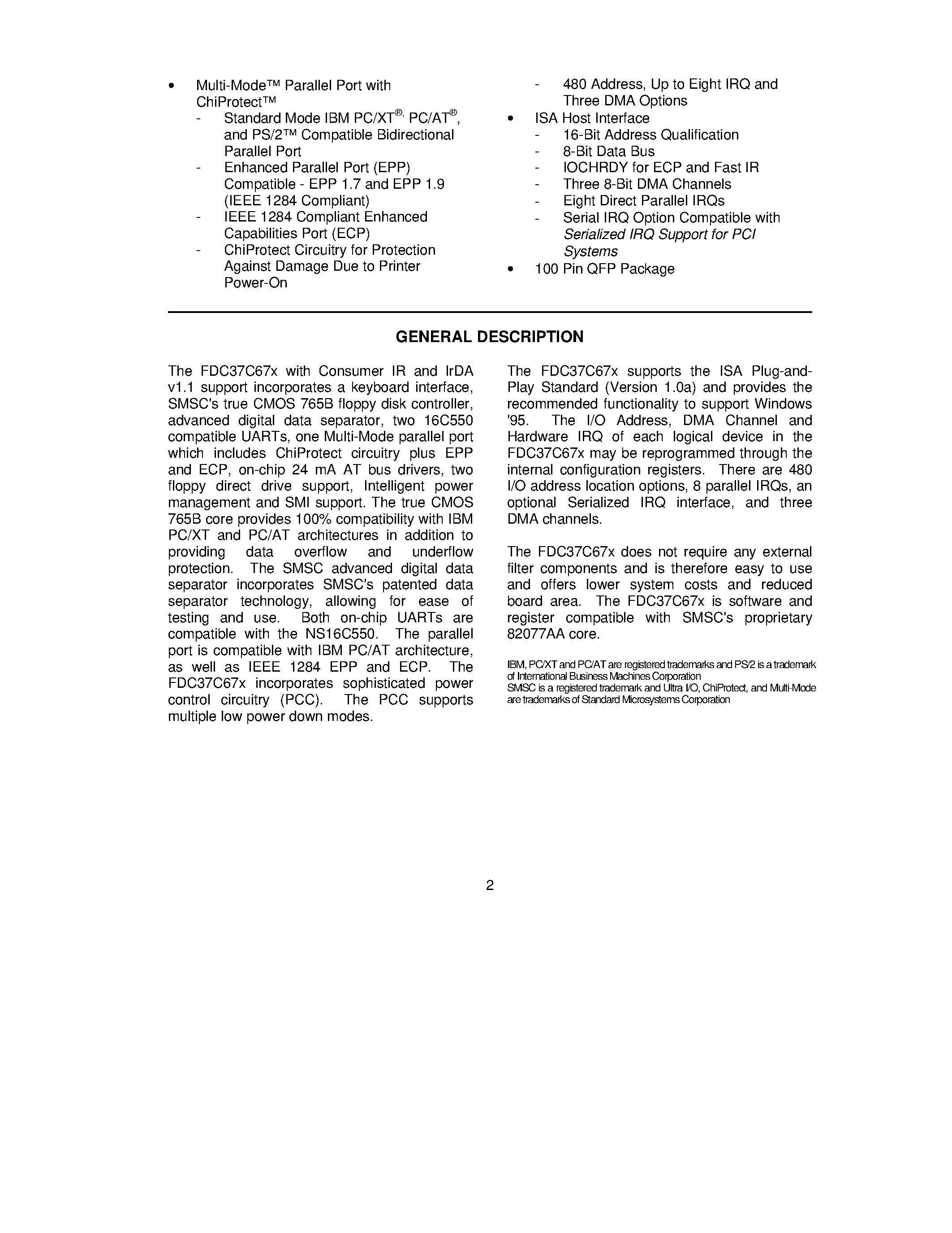 Datasheet FDC37C67X page 2 Datasheet FDC37C67X - ENHANCED SUPER I/O CONTROLLER WITH FAST IR page 2