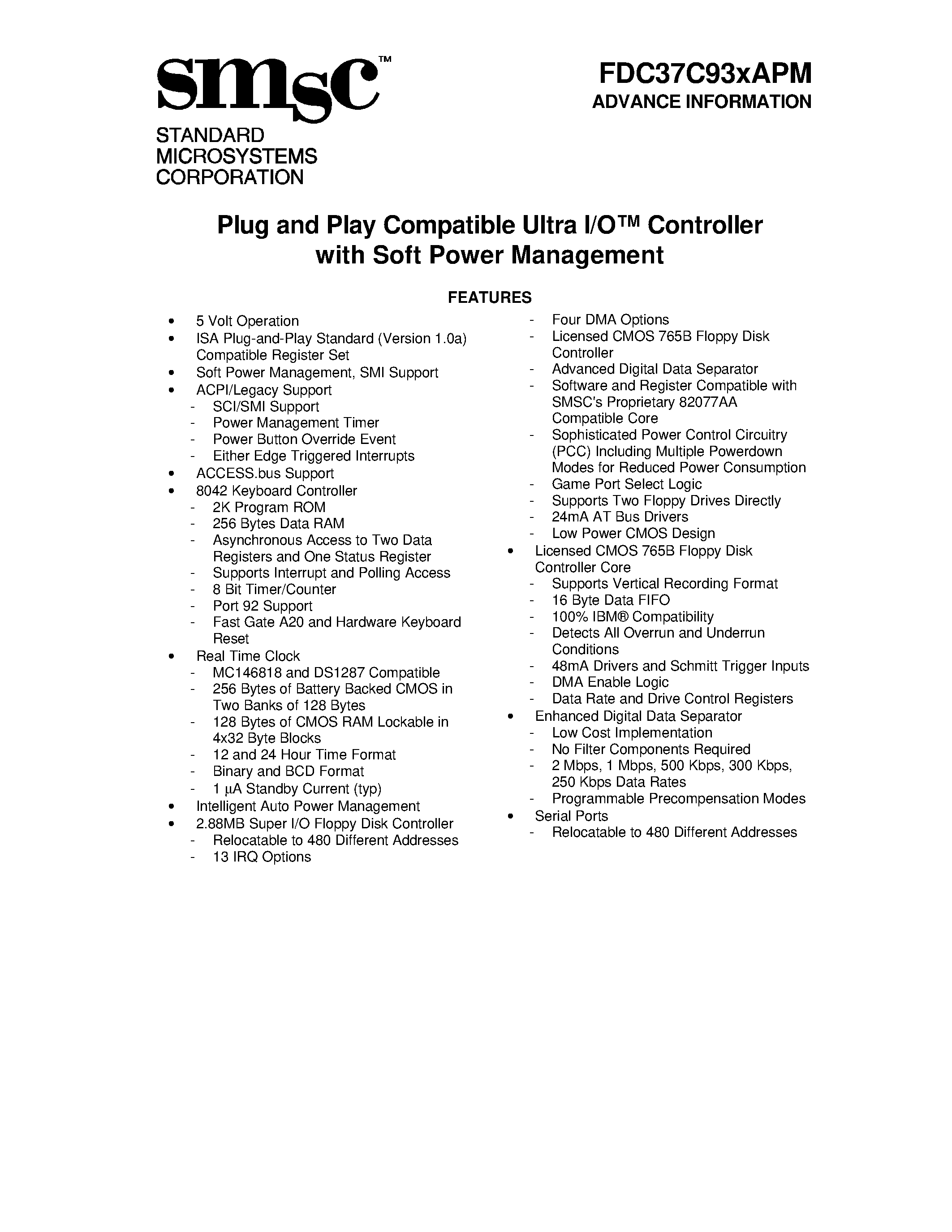 Datasheet FDC37C93 - Plug and Play Compatible Ultra I/O Controller with Soft Power Management page 1