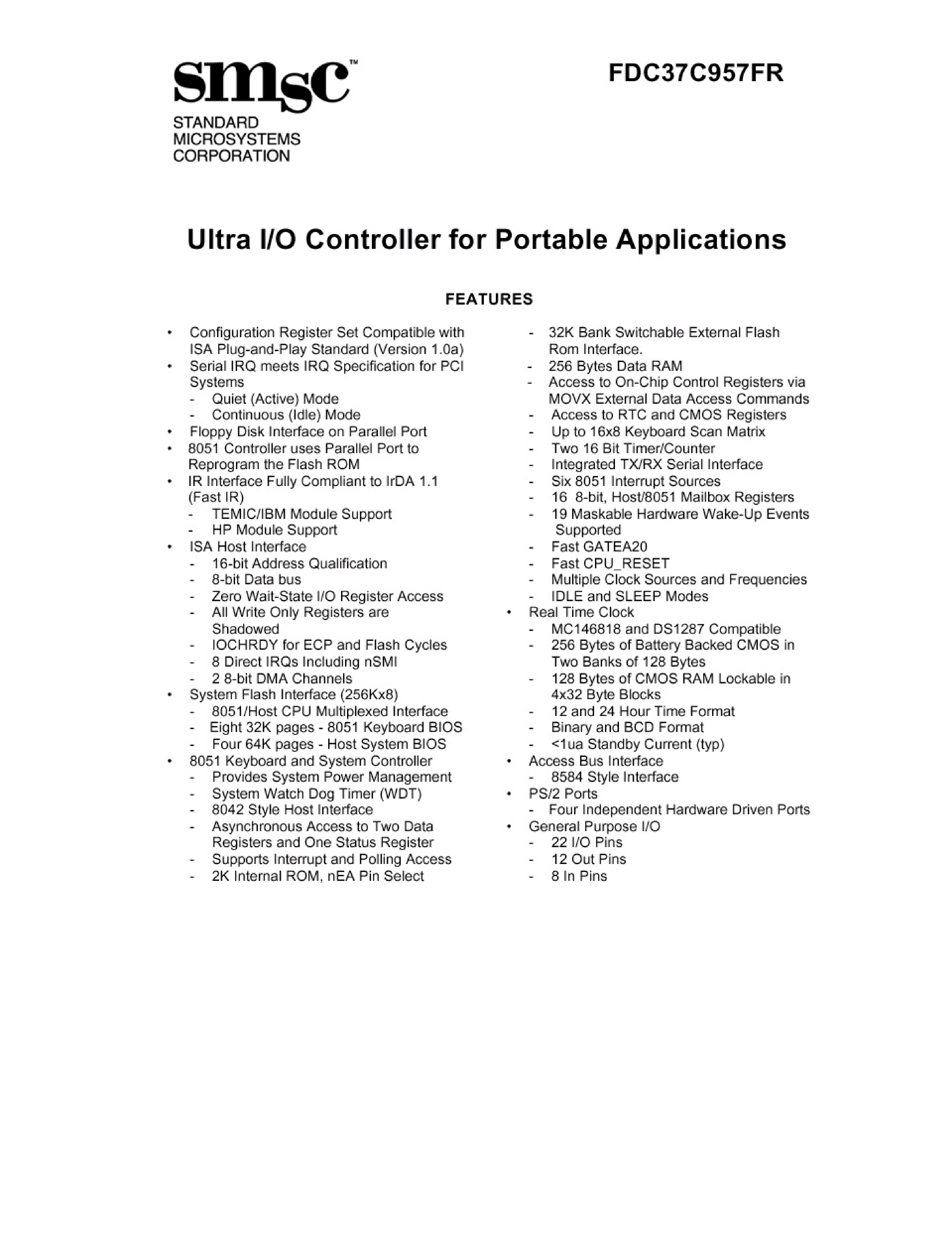 Datasheet FDC37C957FR page 1 Datasheet FDC37C957FR - ULTRA I/O CONTROLLER FOR PORTABLE APPLICATIONS page 1