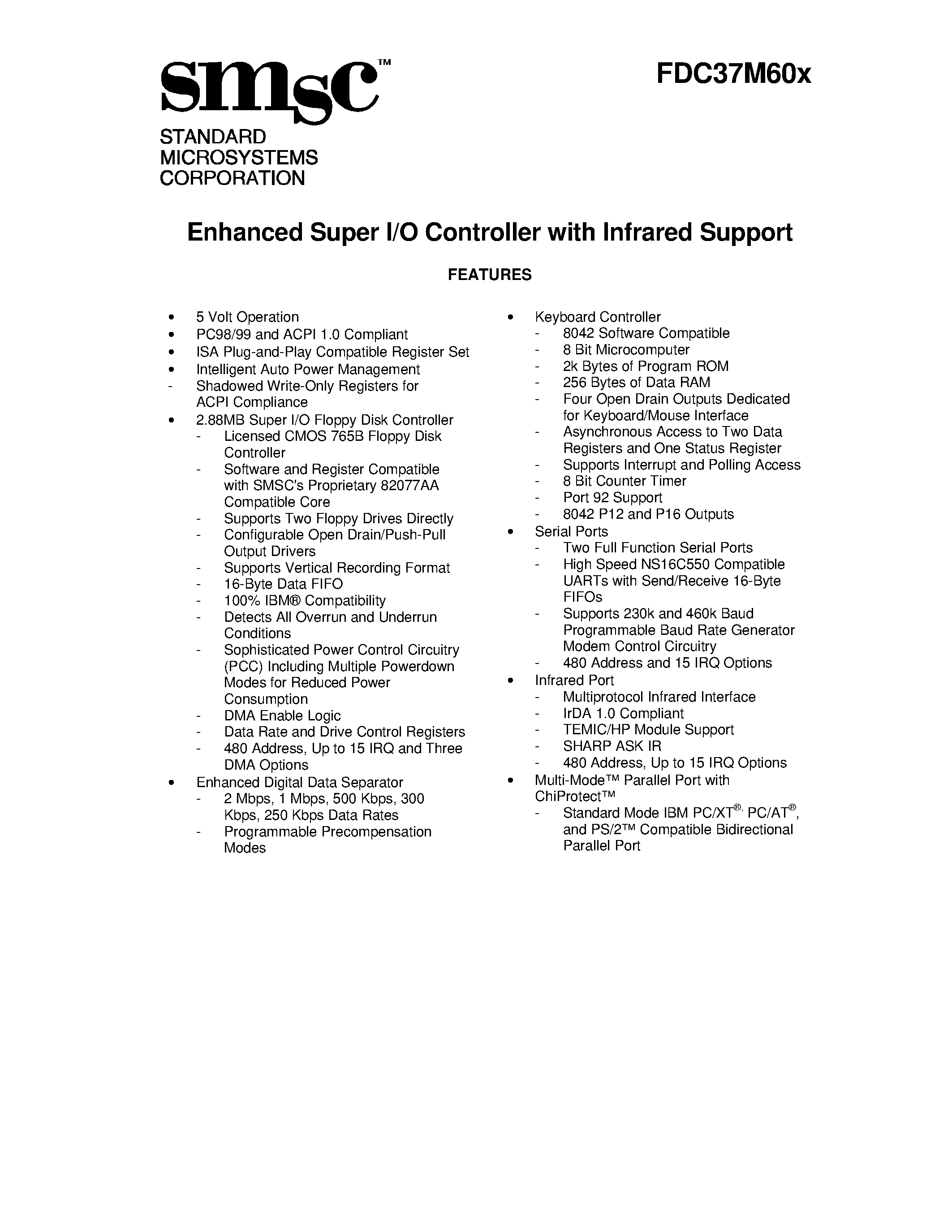 Datasheet FDC37M60X - ENHANCED SUPER I/O CONTROLLER WITH INFRARED SUPPORT page 1