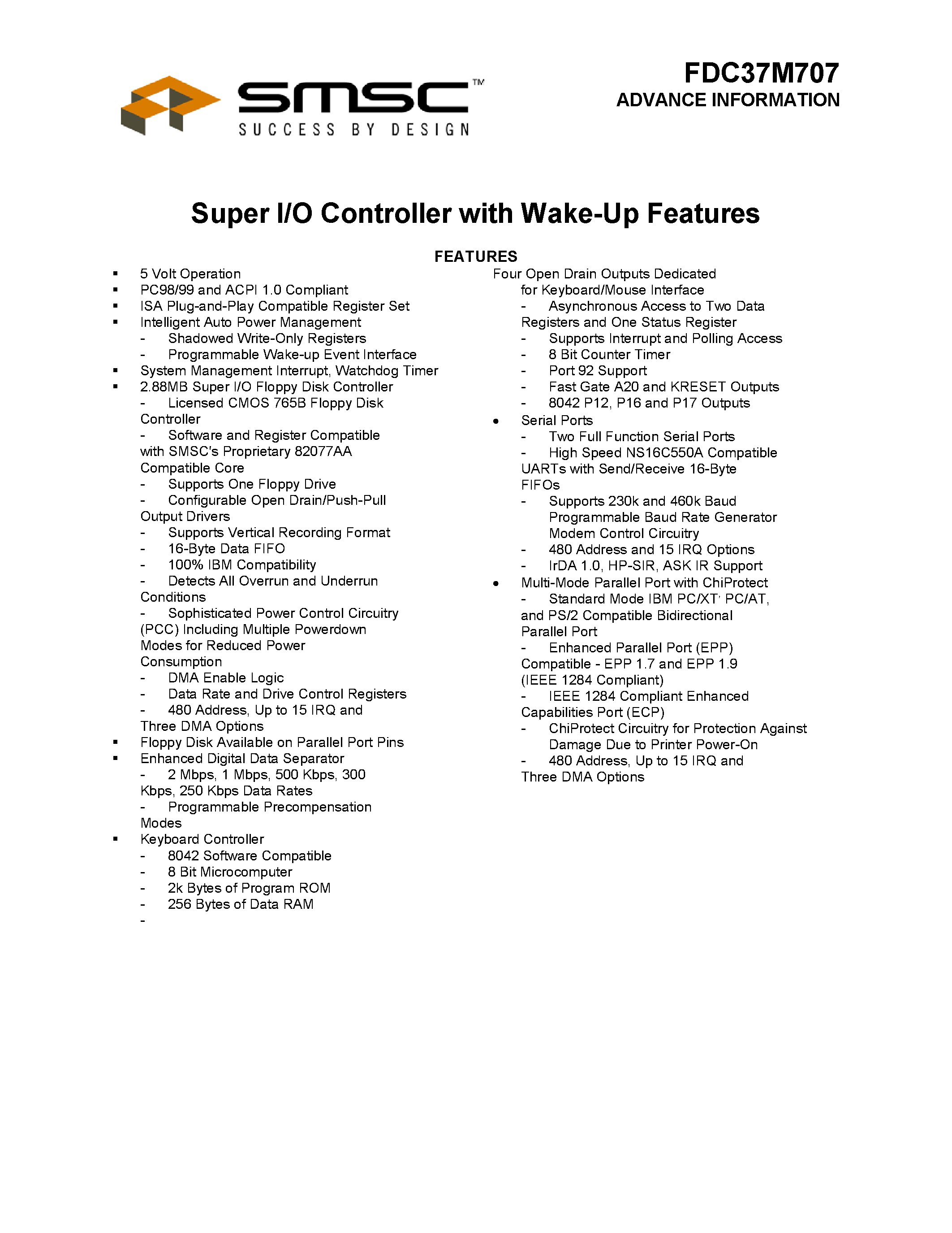 Datasheet FDC37M707 - SUPER I/O CONTROLLER WITH WAKE UP FEATURES page 1