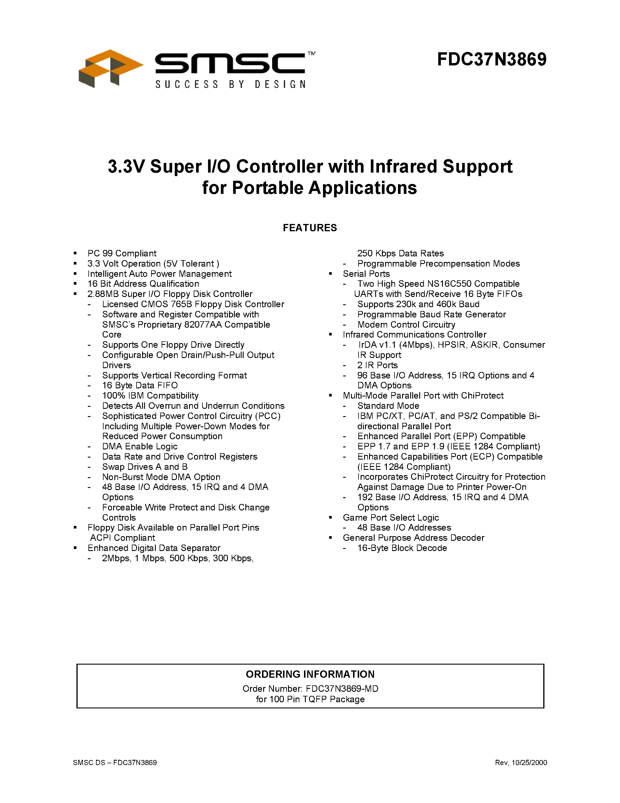 Datasheet FDC37N3869 - 3.3V SUPER I/O CONTROLLER WITH INFRARED SUPPORT page 1