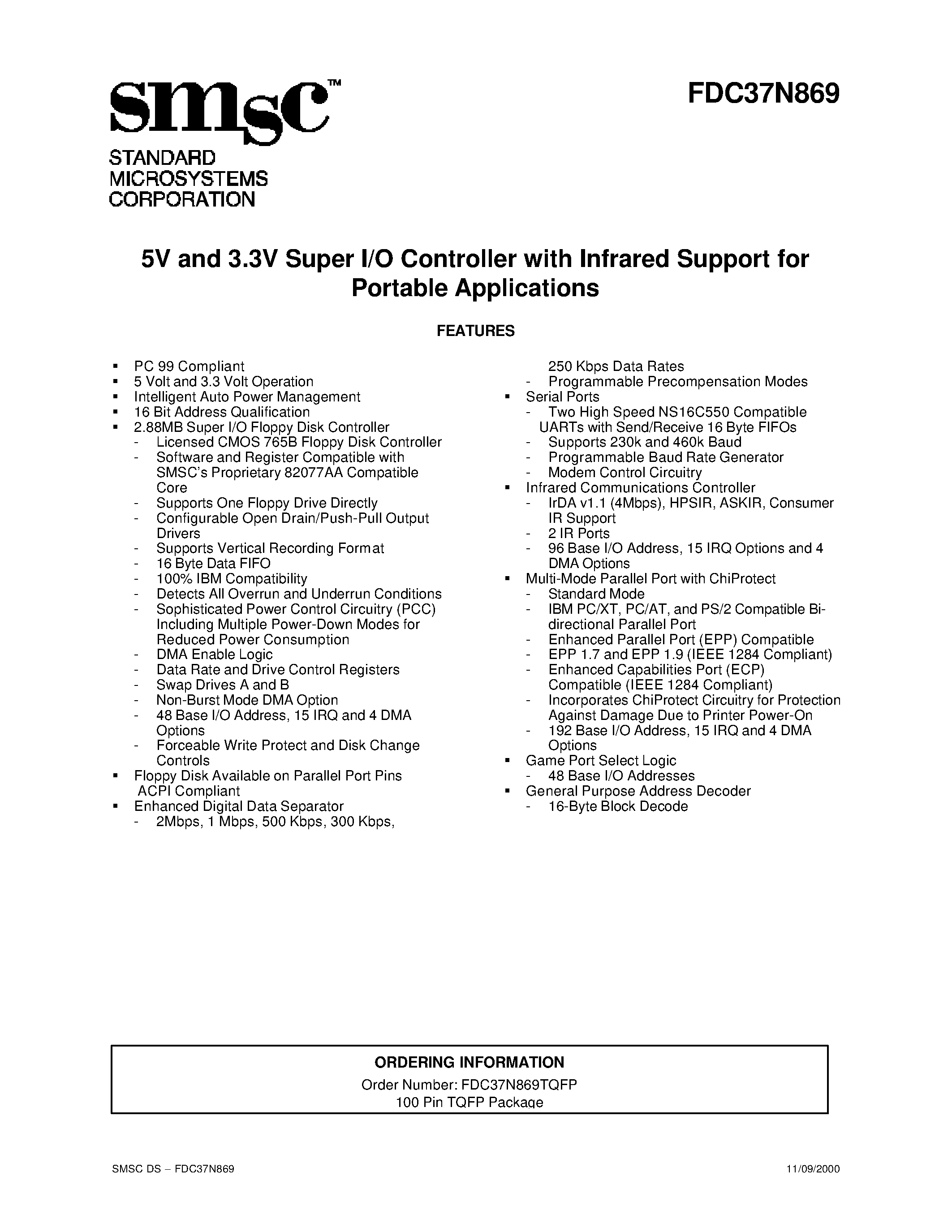 Datasheet FDC37N869TQFP - 5V and 3.3V Super I/O Controller with Infrared Support for Portable Applications page 1