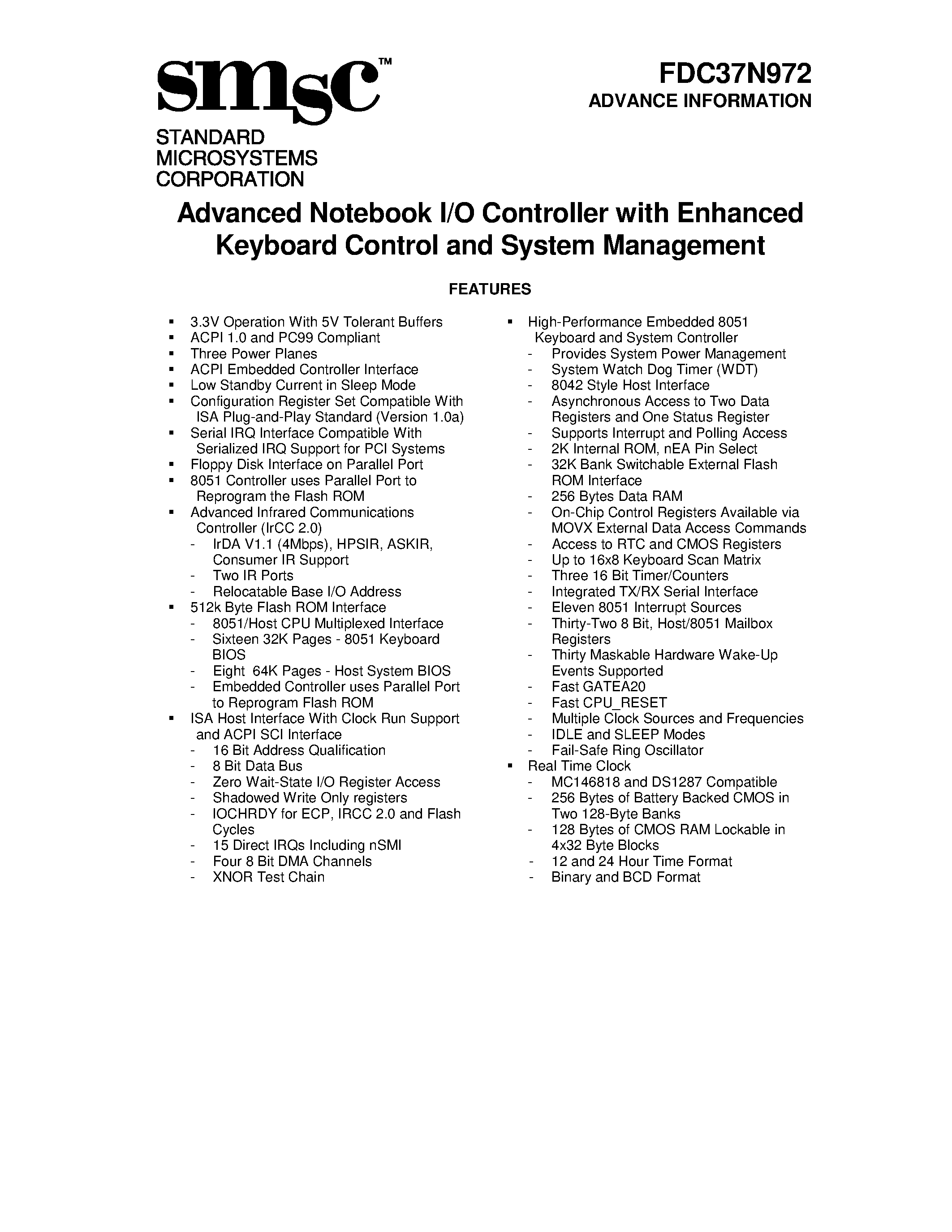 Datasheet FDC37N972 page 1 Datasheet FDC37N972 - Advanced Notebook I/O Controller with Enhanced Keyboard Control and System Management page 1
