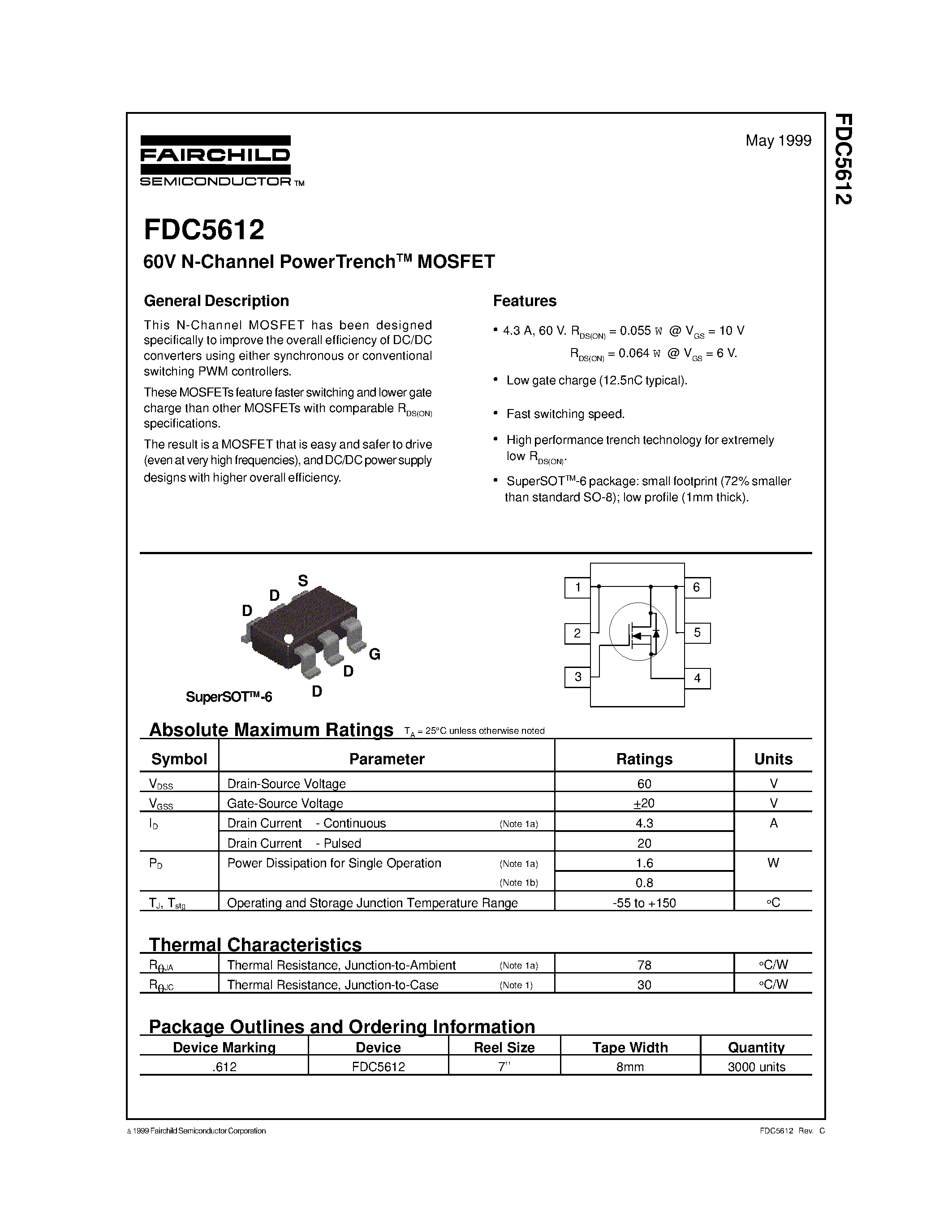 Datasheet FDC5612 page 1 Datasheet FDC5612 - 60V N-Channel PowerTrenchTM MOSFET page 1