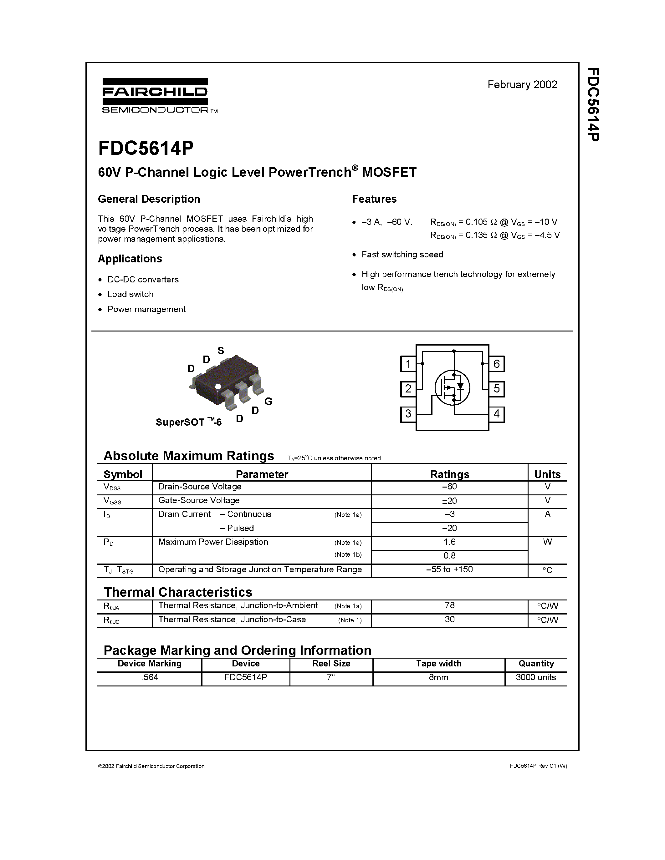 Datasheet FDC5614 page 1 Datasheet FDC5614 - 60V P-Channel Logic Level PowerTrench MOSFET page 1