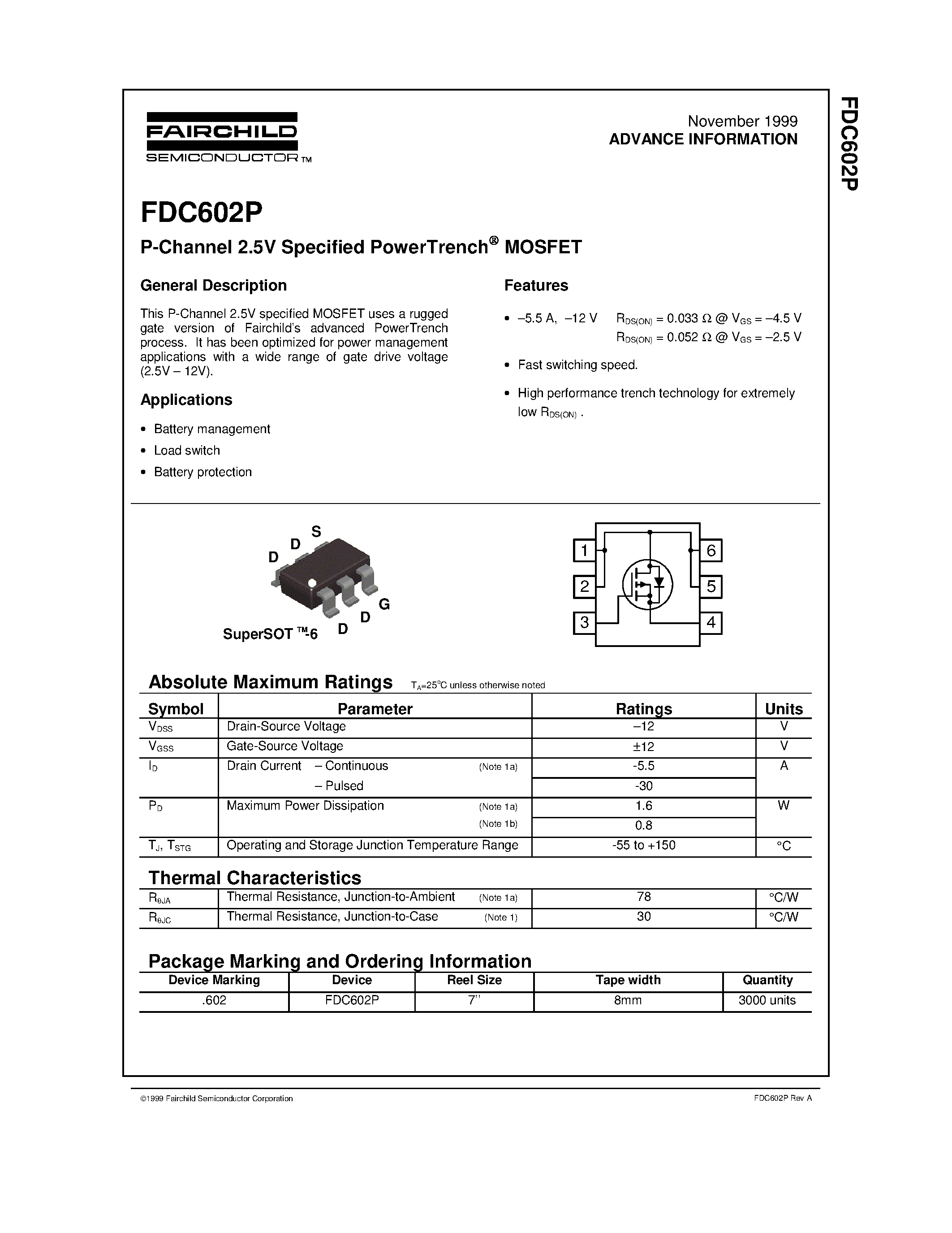 Datasheet FDC602 page 1 Datasheet FDC602 - P-Channel 2.5V Specified PowerTrench MOSFET page 1