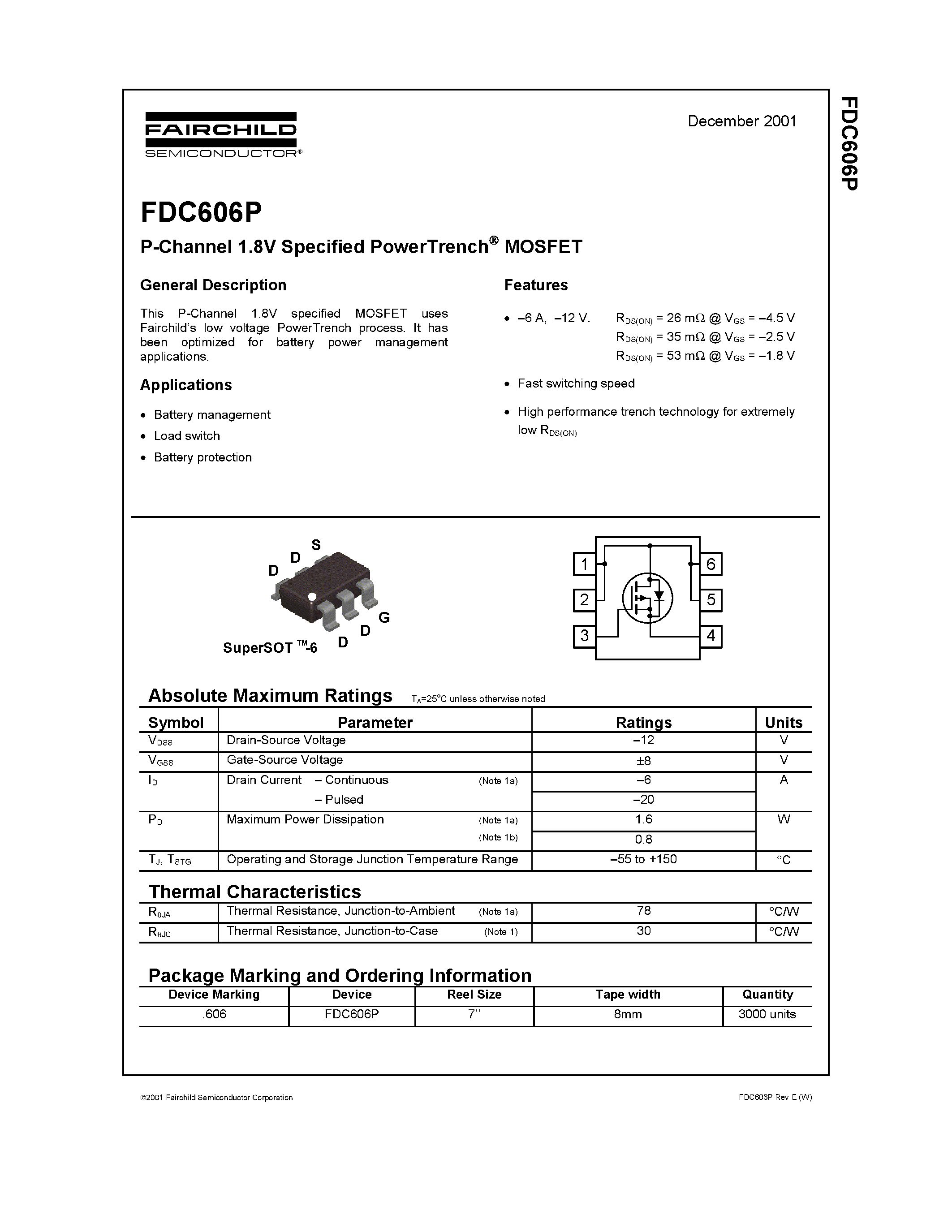 Datasheet FDC606P page 1 Datasheet FDC606P - P-Channel 1.8V Specified PowerTrench MOSFET page 1
