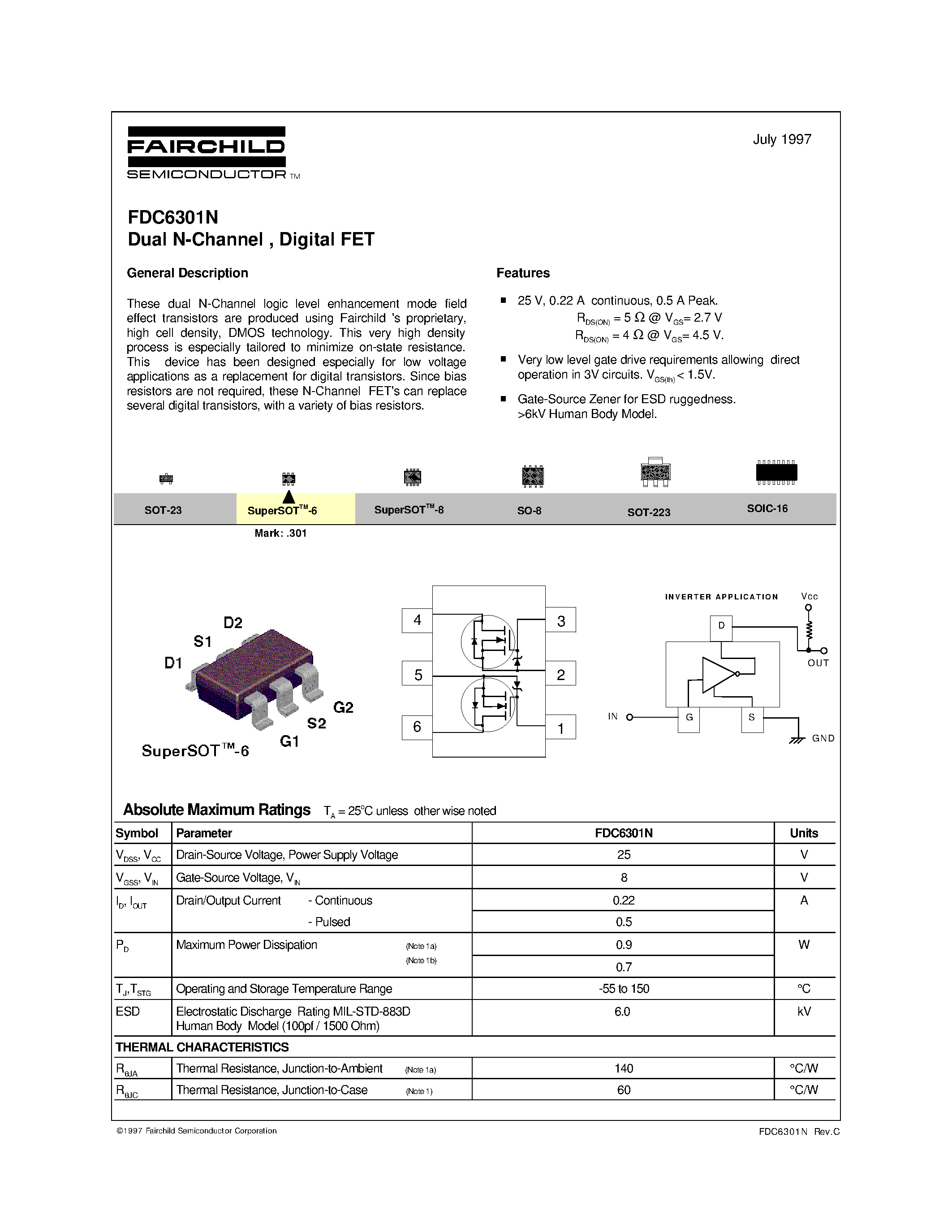 Datasheet FDC6301 page 1 Datasheet FDC6301 - Dual N-Channel / Digital FET page 1