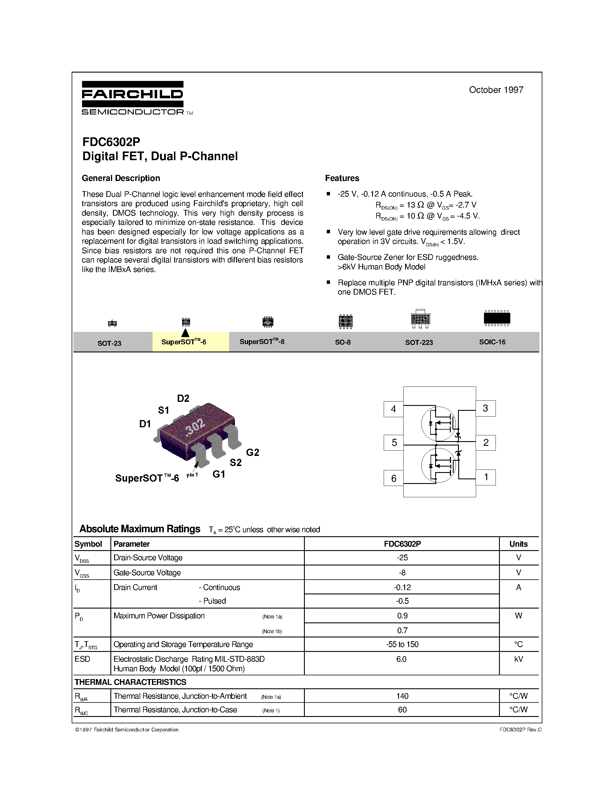 Datasheet FDC6302P - Digital FET/ Dual P-Channel page 1