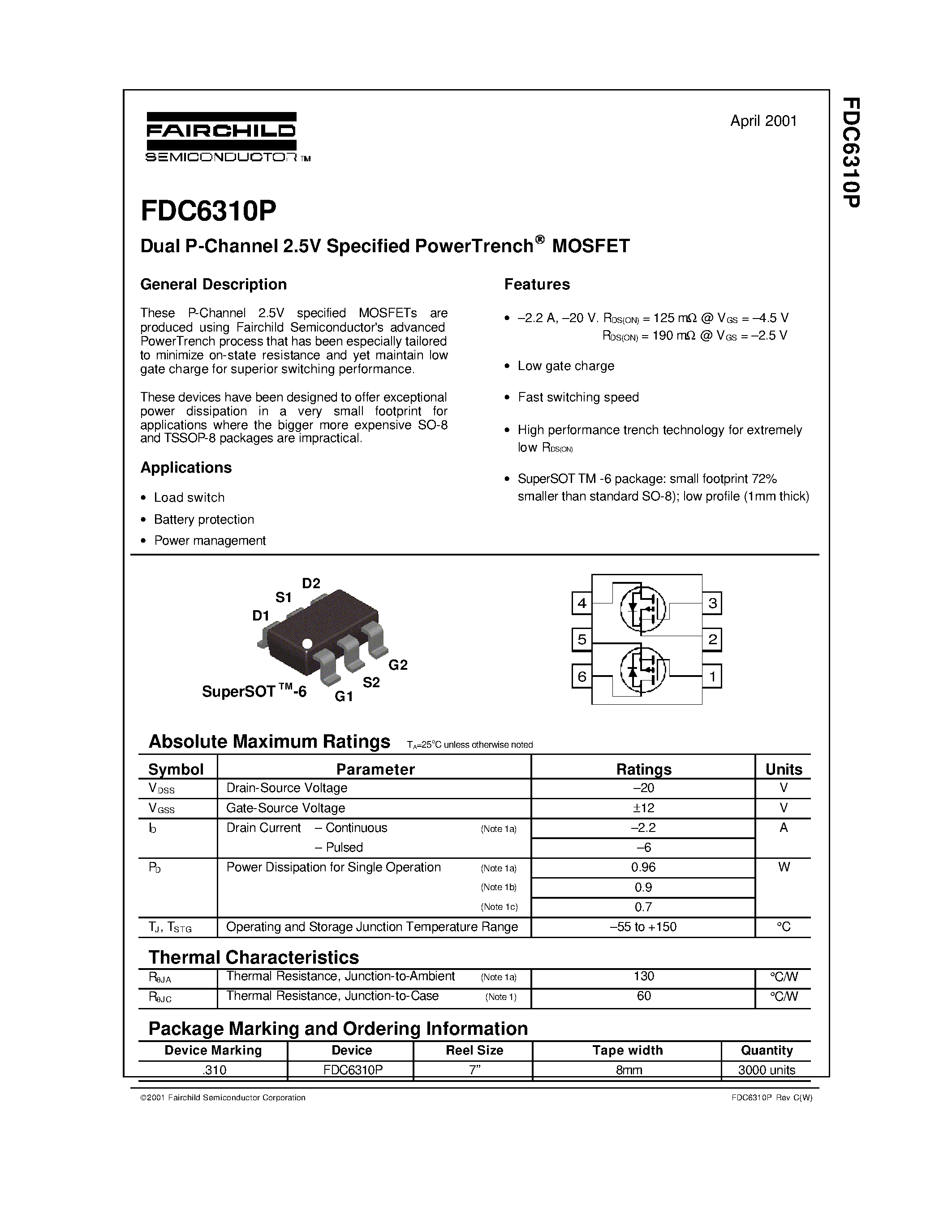 Даташит FDC6310P - Dual P-Channel 2.5V Specified PowerTrench MOSFET страница 1
