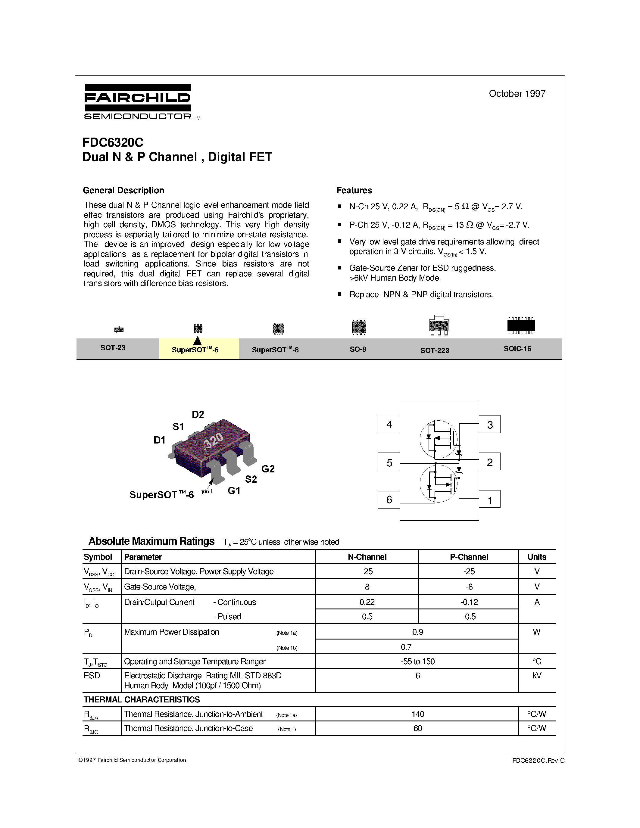 Datasheet FDC6320C page 1 Datasheet FDC6320C - Dual N & P Channel / Digital FET page 1