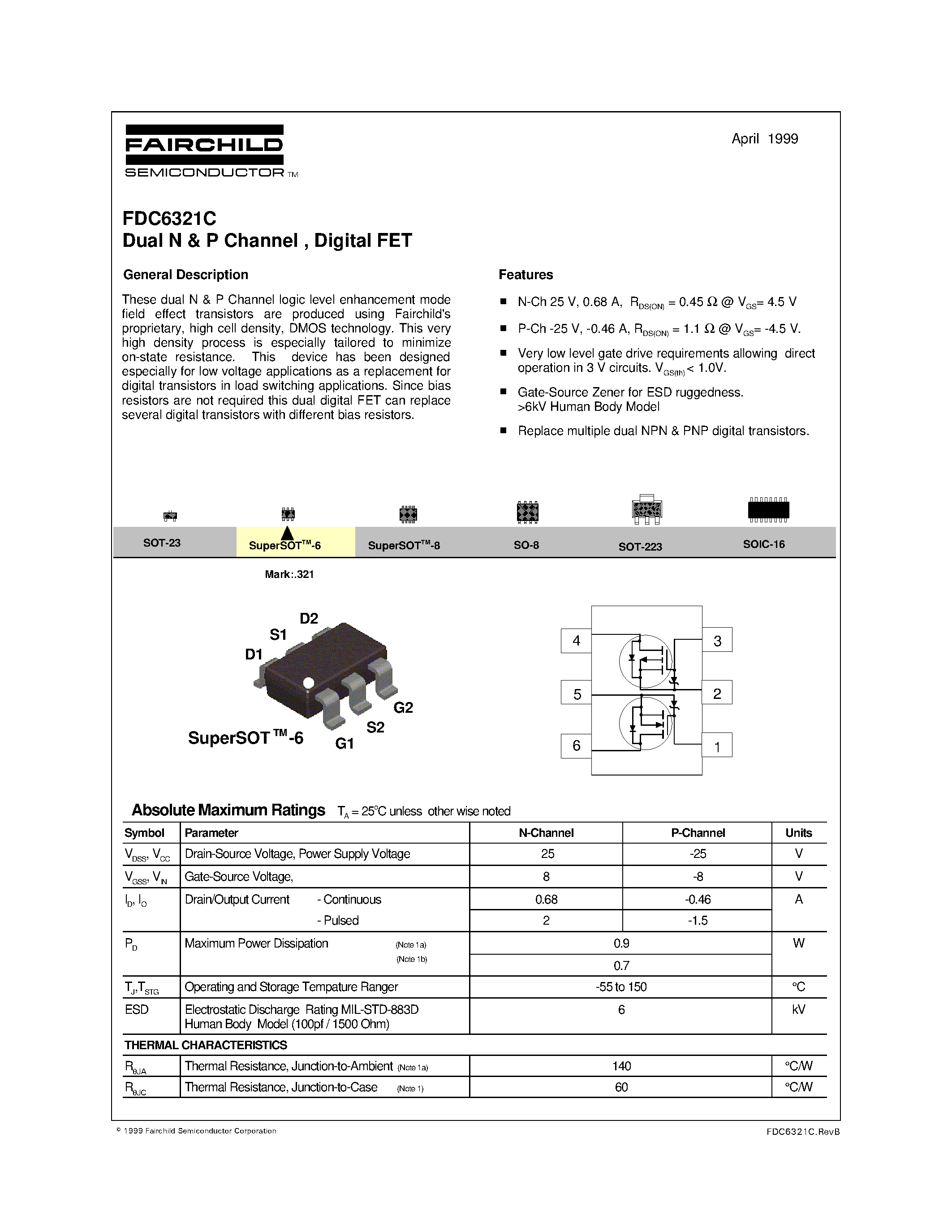 Даташит на микросхему FDC6321C страница 1 Даташит FDC6321C - Dual N & P Channel / Digital FET страница 1