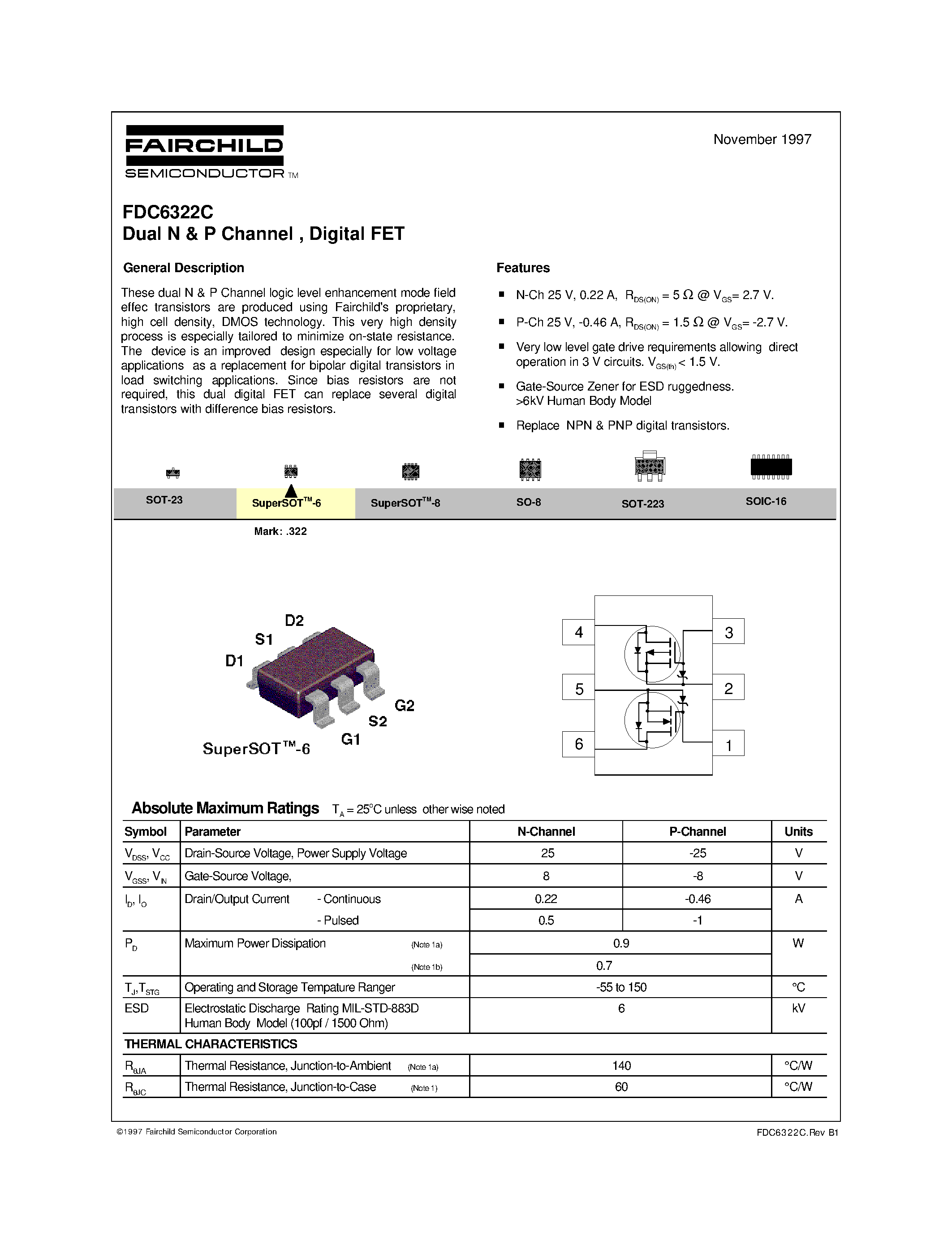 Datasheet FDC6322C page 1 Datasheet FDC6322C - Dual N & P Channel / Digital FET page 1