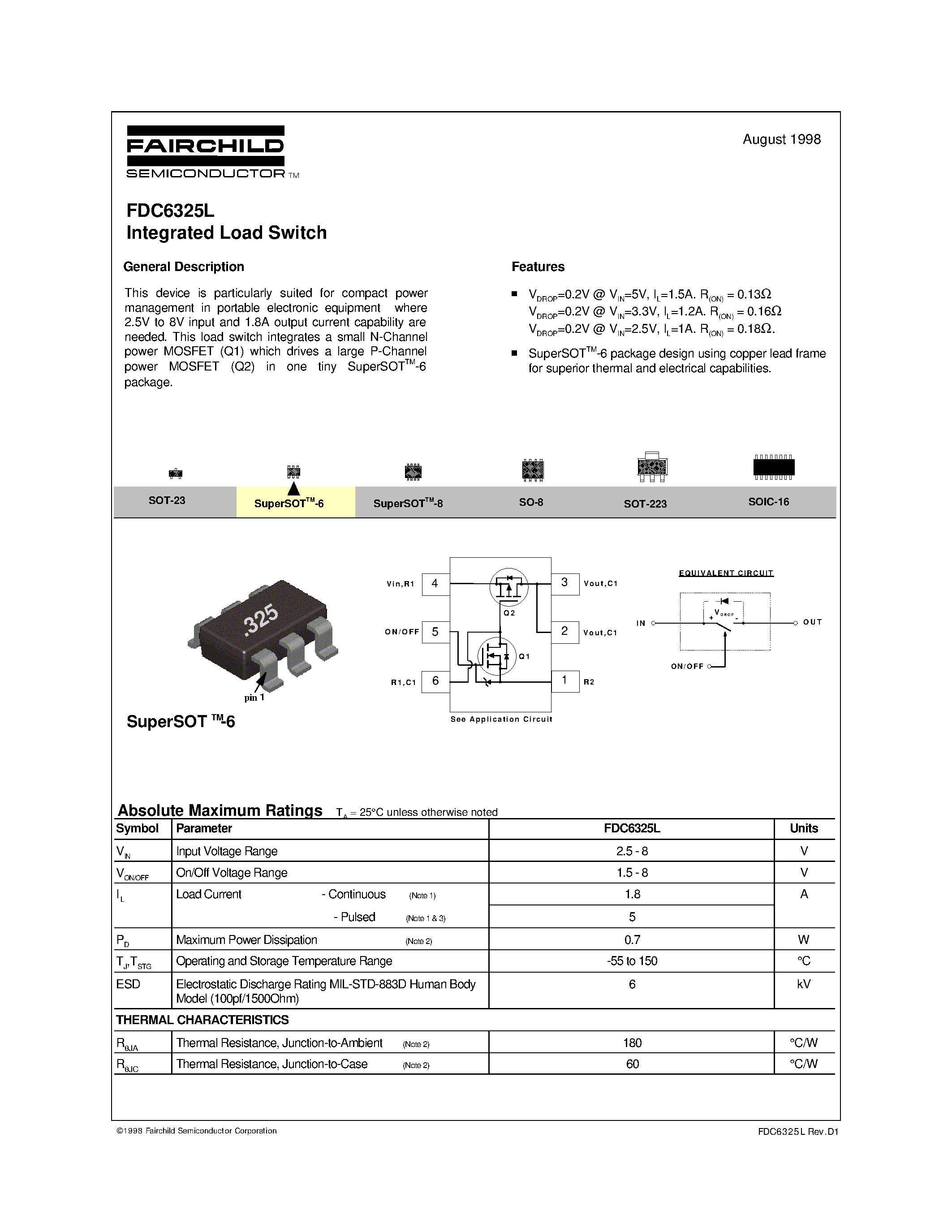 Datasheet FDC6325L page 1 Datasheet FDC6325L - Integrated Load Switch page 1