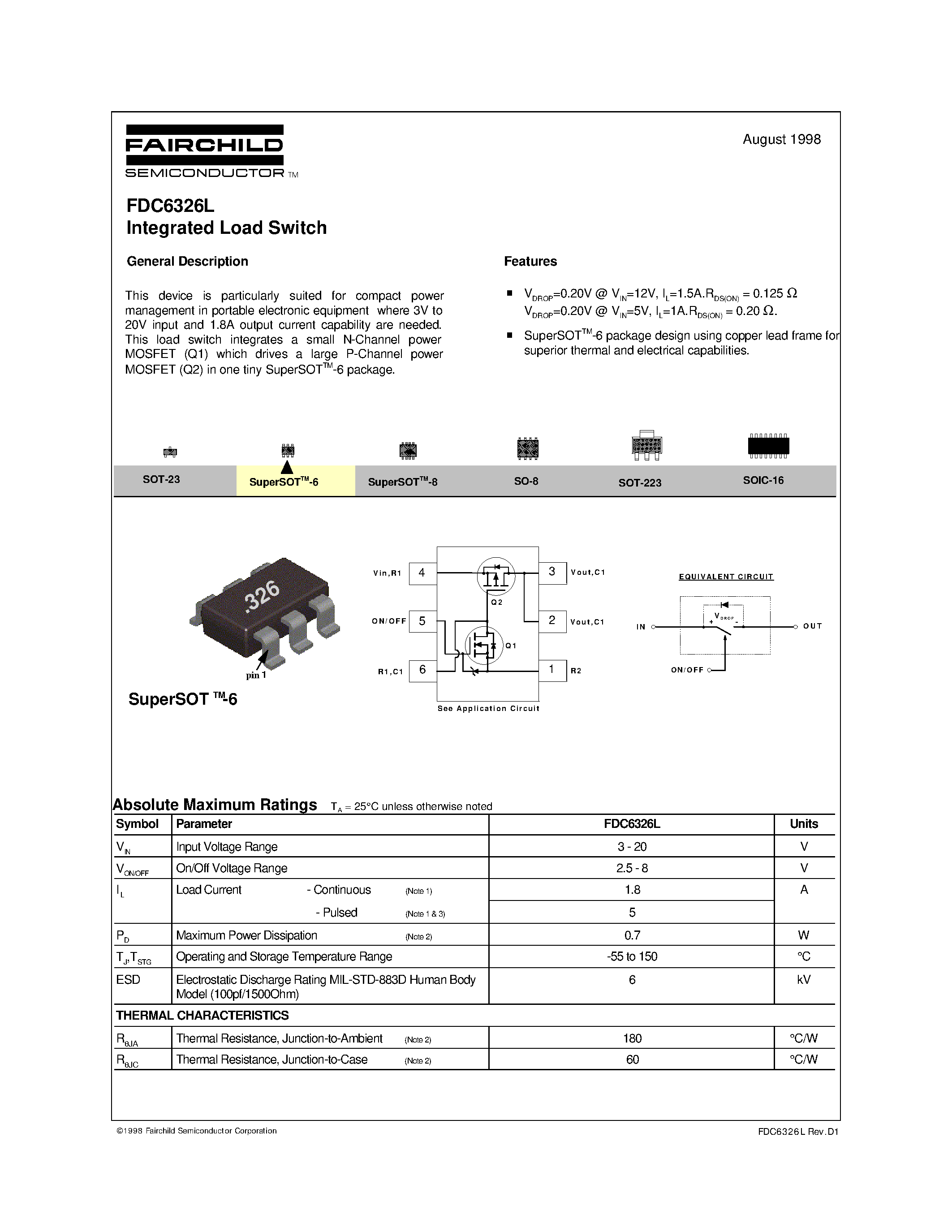 Datasheet FDC6326 page 1 Datasheet FDC6326 - Integrated Load Switch page 1
