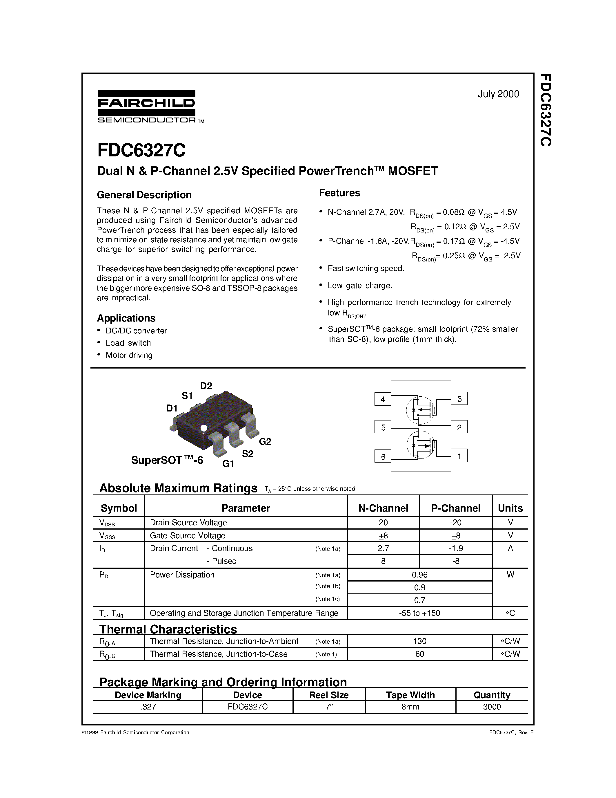 Даташит FDC6327C - Dual N & P-Channel 2.5V Specified PowerTrenchTM MOSFET страница 1