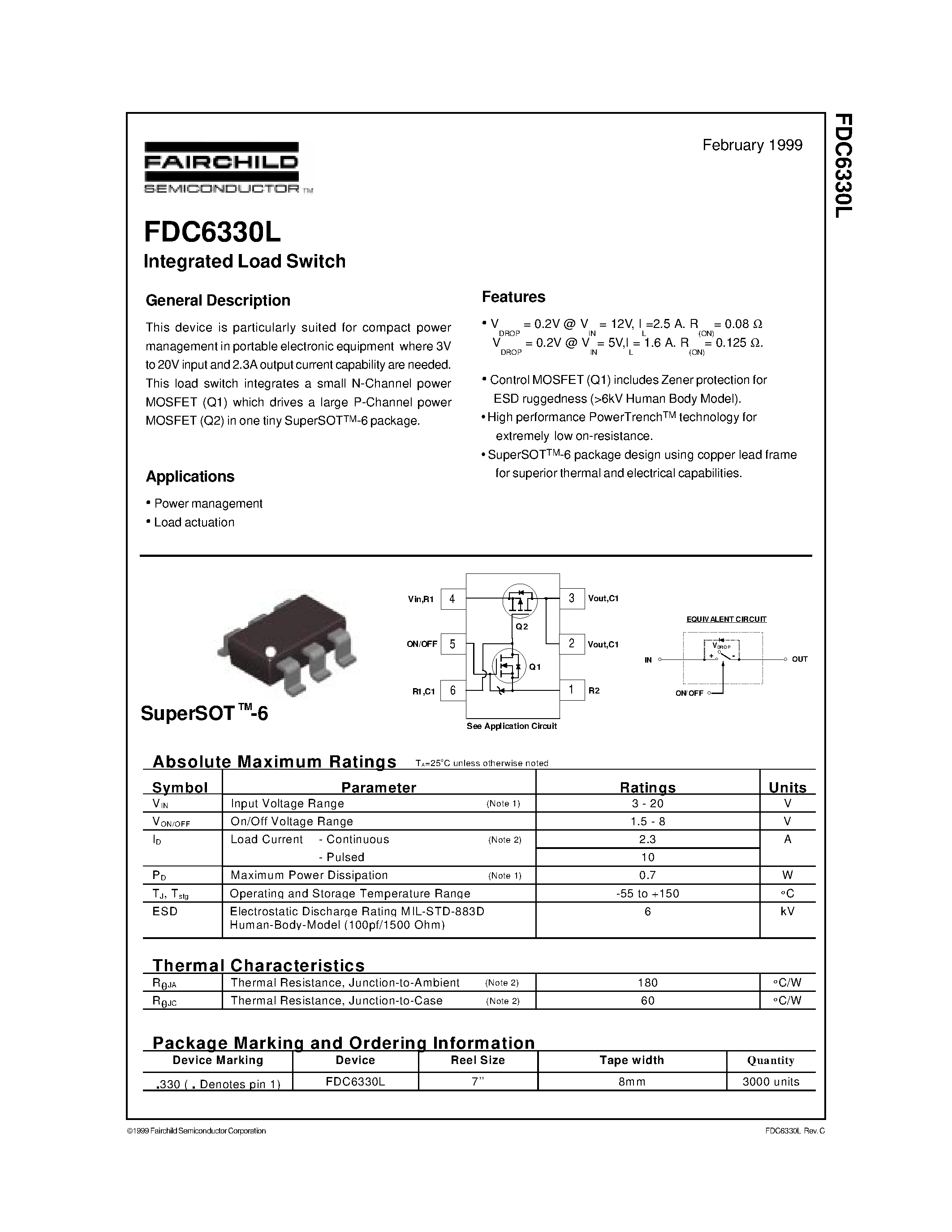 Даташит FDC6330 - Integrated Load Switch страница 1