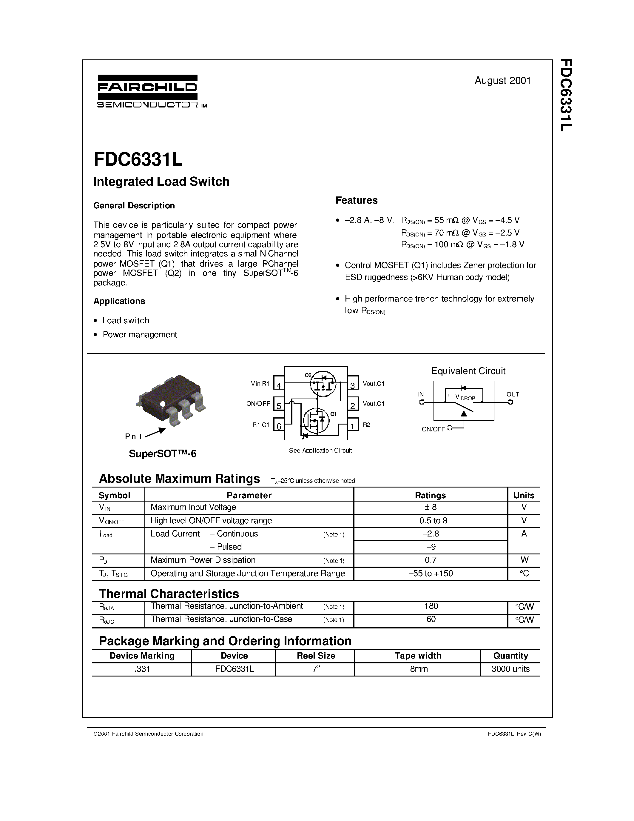 Даташит на микросхему FDC6331L страница 1 Даташит FDC6331L - Integrated Load Switch страница 1