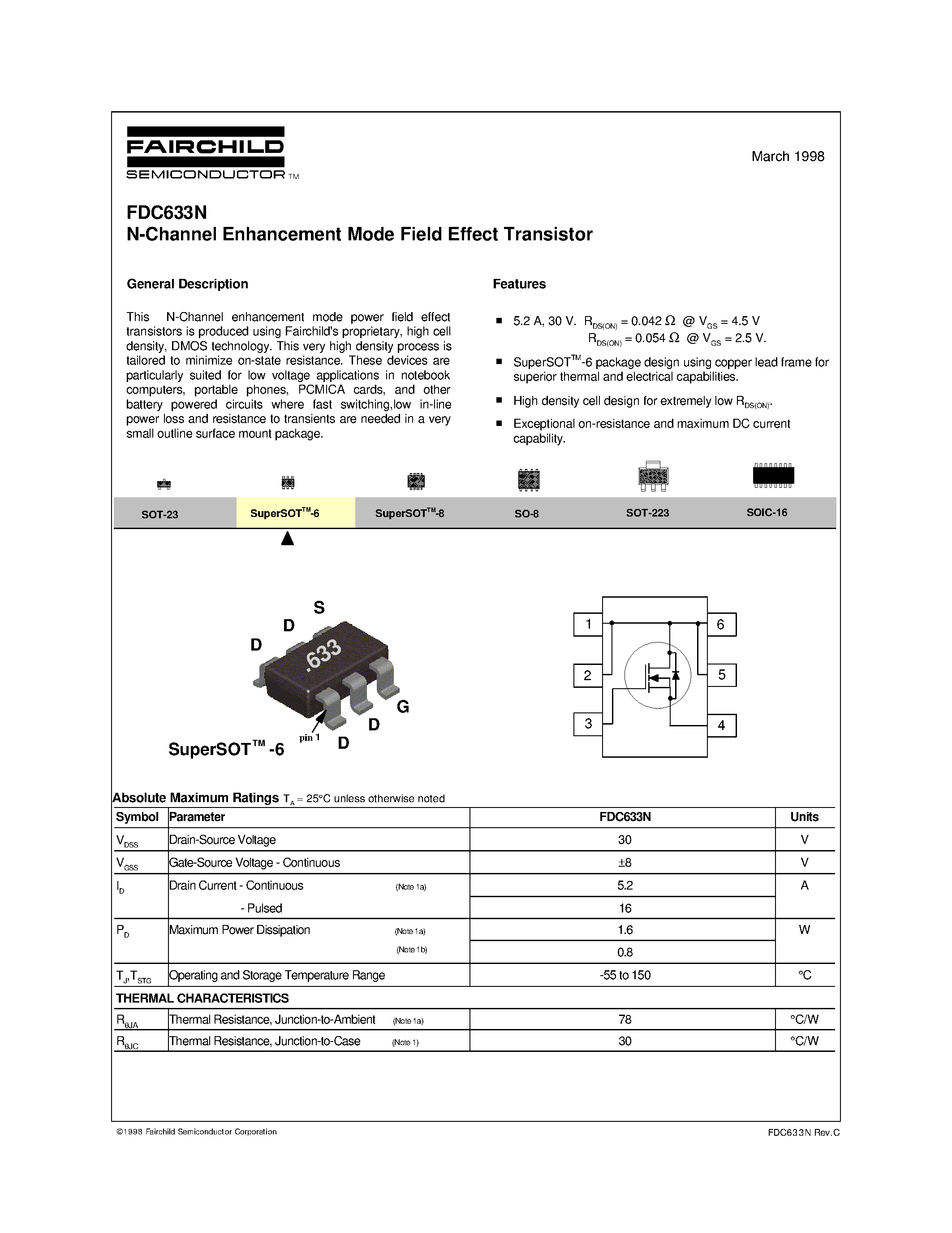Даташит на микросхему FDC633N страница 1 Даташит FDC633N - N-Channel Enhancement Mode Field Effect Transistor страница 1